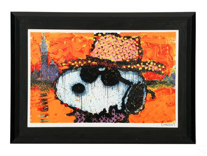 Tom Everhart b.1952 Modern LE Peanuts SNOOPY Litho: Tom Everhart (American, born 1952). A limited edition art lithograph on paper. Titled, "A Guy in a Sharkskin Suit Wearing a Rhinestone Hat by Twlight [Twilight]," an abstract figurative work