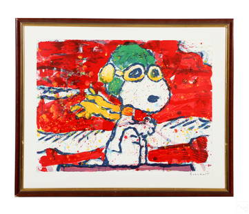 Tom Everhart b.1952 Modern LE Peanuts SNOOPY Litho: Tom Everhart (American, born 1952). A limited edition art lithograph on paper. Titled, "Low Fact Meal Over Santa Monica," an abstract figurative work depicting Snoopy the beagle, after the Peanuts