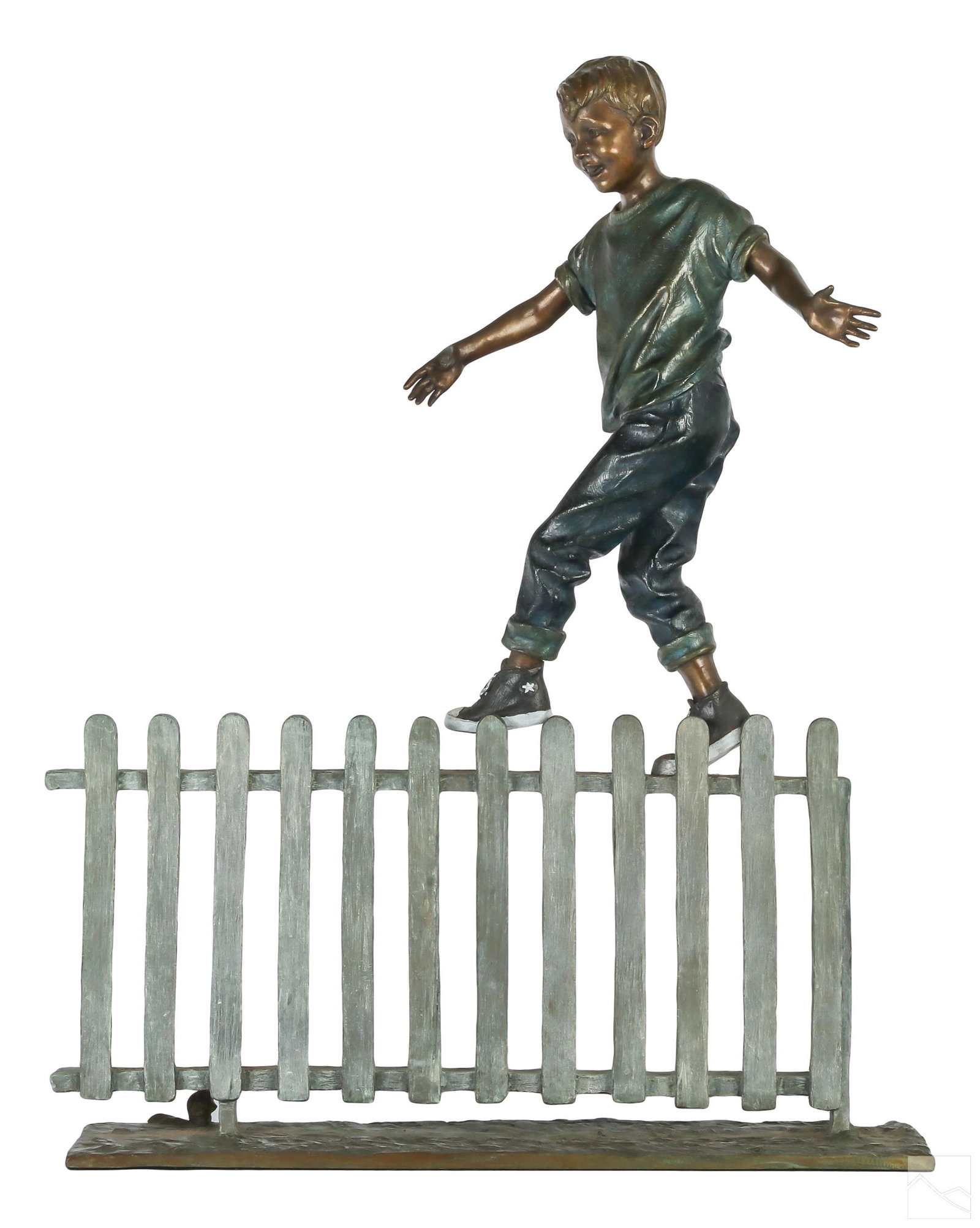 D. Holly 20C. Bronze LE Figurative Child Sculpture: A cast bronze statue with applied patina. A figurative work depicting a young boy balance walking on a fence. He wears One Star shoes, jeans and an oversized t-shirt. Small mouse by the fence. Artist