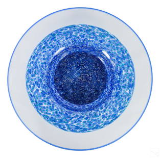 Murano Luciano Vistosi Murrine Glass Centerpiece: A Murano Venetian studio art glass centerpiece. A large Modernist bowl designed by glass artist Luciano Vistosi (1931-2010). Wide clear glass rim with blue to edge, encircling a deep welled bowl with
