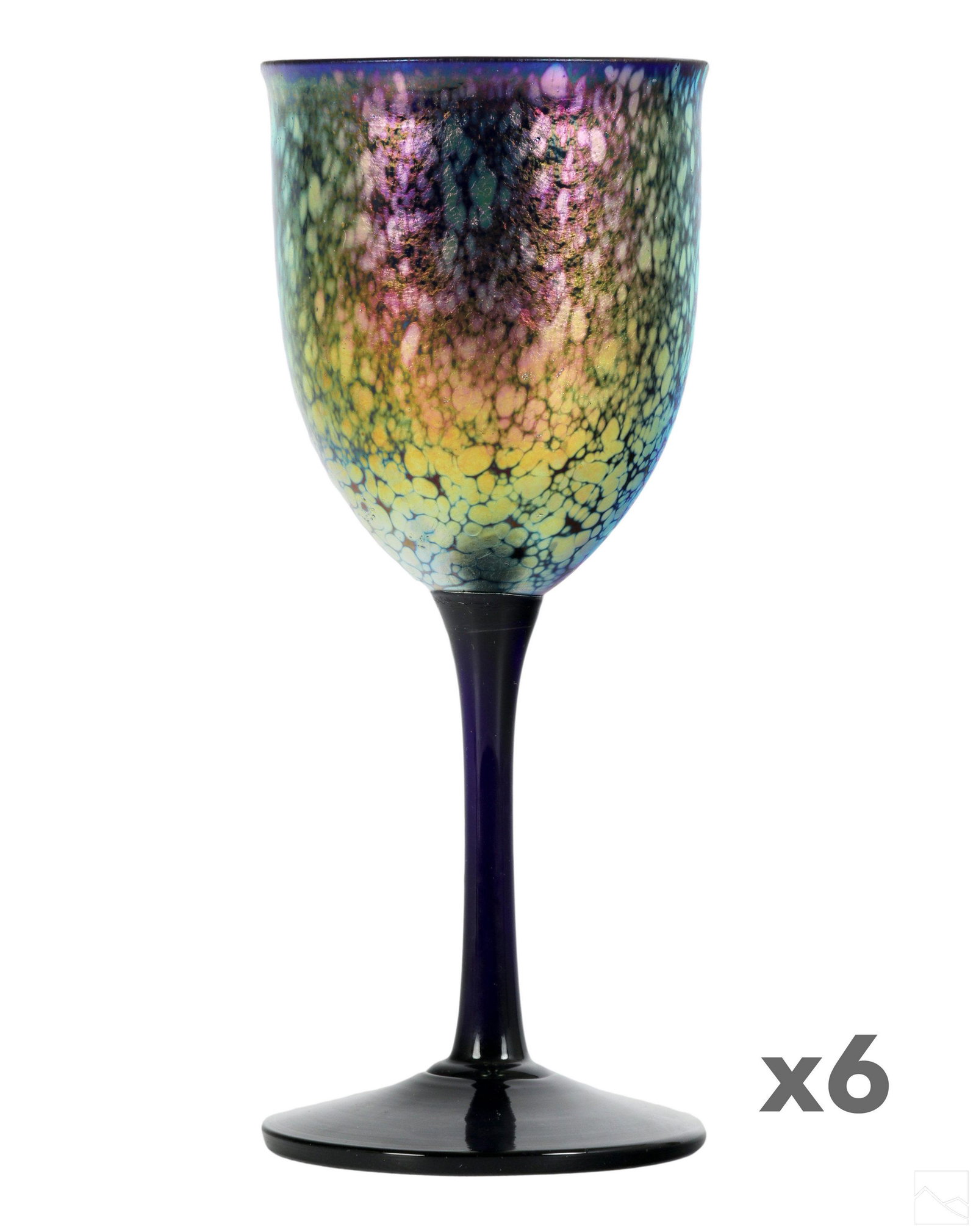 Steve Maslach Studio Art Glass Goblet Cup 6pc SET: Steven Maslach (American, born 1950). A set of six (6) iridescent studio art glass goblets on purple to blue background. Stemmed wine glass servers signed Maslach on bottom. Dated 1998. Dimensions: 8 