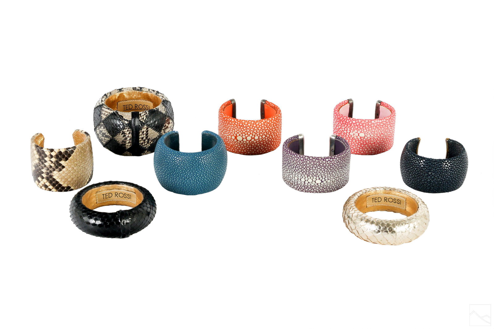 Shagreen & Ted Rossi Leather Cuff Bracelet 9pc LOT: An estate collection of nine (9) vintage leather and shagreen bangle and cuff bracelets. Lot includes: (4) Ted Rossi NYC signed leather bracelets, crafted snake skin, in multiple colors, ranging in si