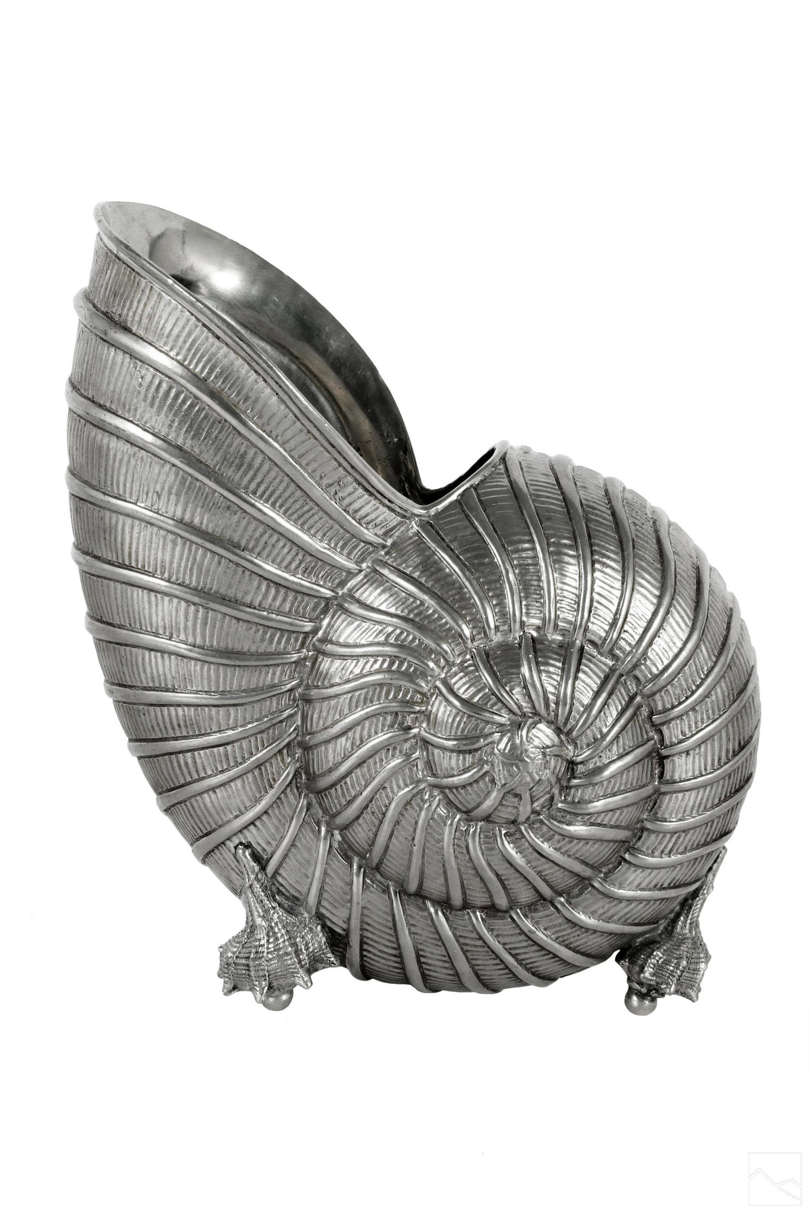 Giovanni Patrini Modern Nautilus Shell Wine Cooler: A Giovanni Patrini 20th Century Italian pewter champagne vase ice bucket cooler and table decor. Sculpted as a large nautilus shell, with four feet, representing whelks. Giovanni Patrini Per Atina sta
