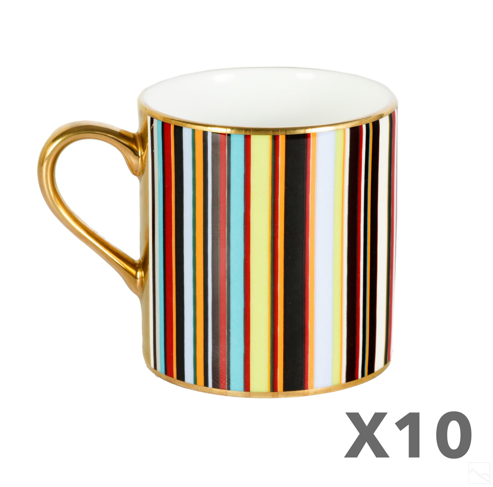 Paul Smith for Thomas Goode Bone China Coffee SET: A 10 piece estate collection of Paul Smith for Thomas Goode signature Stripe English bone-china demitasse coffee cups and saucers. Colorful stripe design with hand painted 24k gold trim. Lot includes