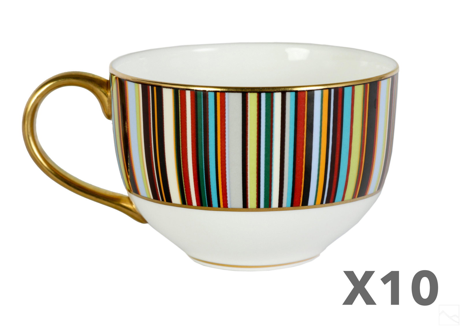 Paul Smith for Thomas Goode Bone China Teacups SET: A 10 piece estate collection of Paul Smith for Thomas Goode signature Stripe English bone-china tea cups and saucers. Colorful stripe design with hand painted 24k gold trim. Lot includes (5) 2.5" x 3.