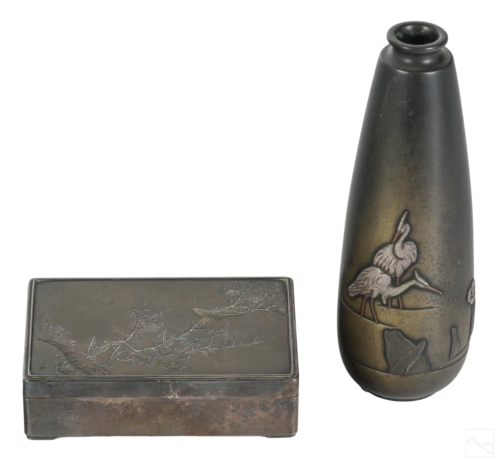 Japanese Gilt Silver Box and Bronze & Silver Vase (1 of 8)