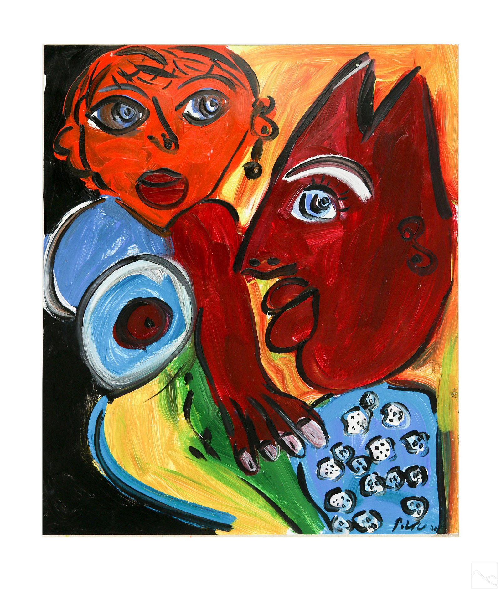 Peter Keil b.1942 Rolling Dice Abstract Painting: Peter Robert Keil (German, born 1942). An original Neo Expressionism abstract painting on paper. Titled "Rolling The Dice". Work features semi nude female figure gambling with the devil. Signed and da