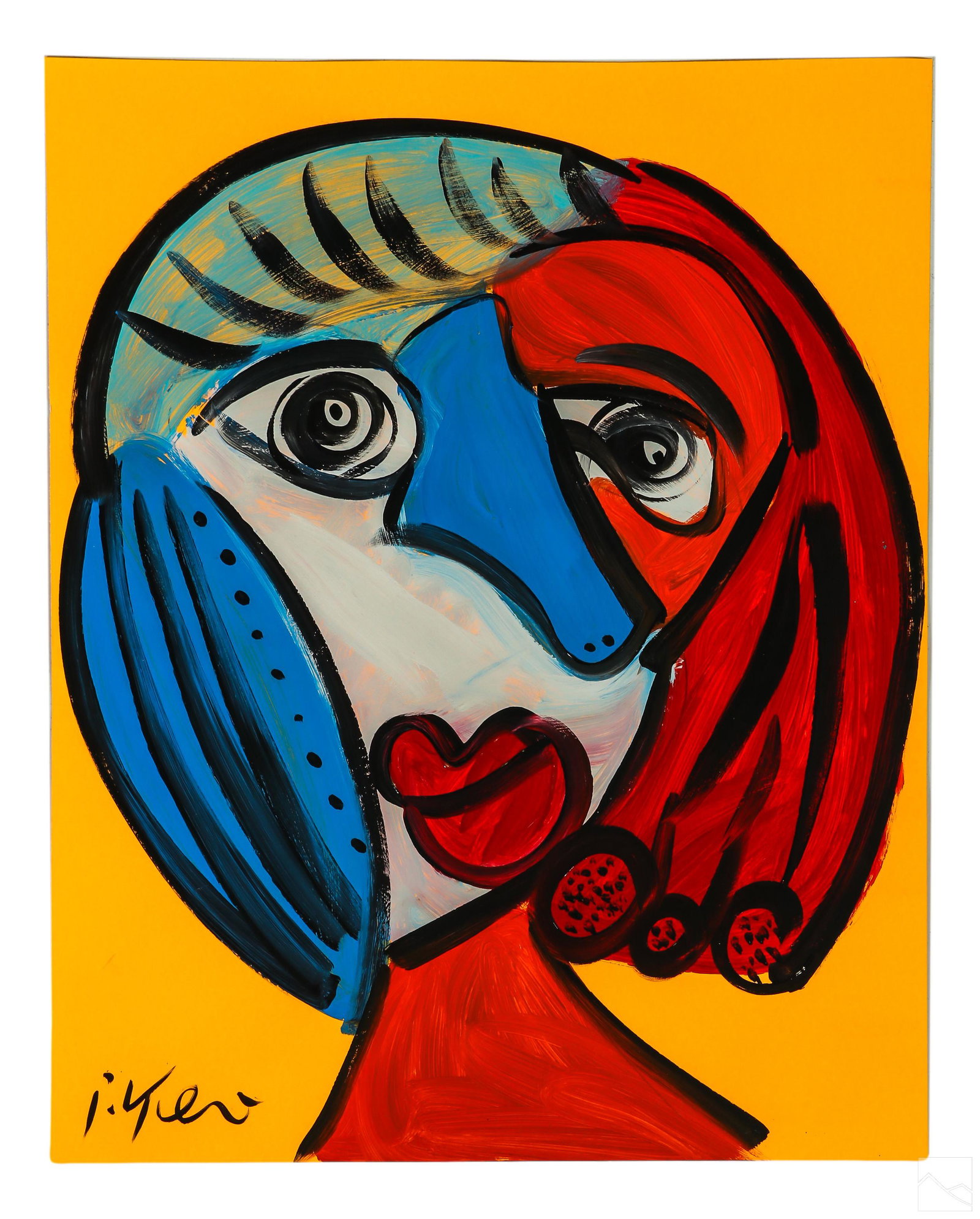 Peter Keil b.1942 Clownin Around Abstract Painting: Peter Robert Keil (German, born 1942). An original Neo Expressionism abstract portrait painting on paper. Titled "Clownin' Around". A blue nosed clown painted in the style of Picasso. Signed lower low