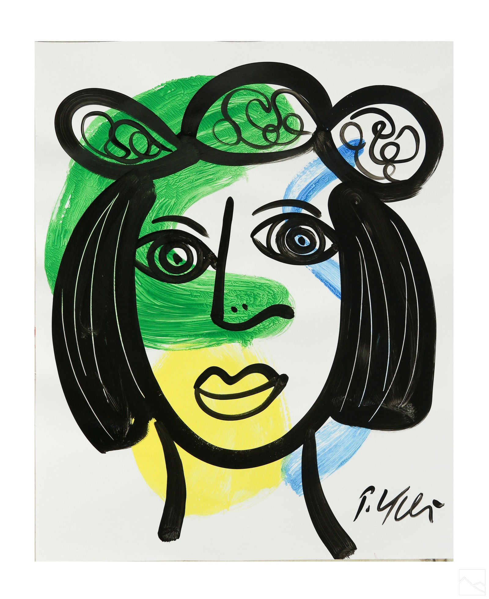 Peter Keil b.1942 Crown Of Scorns Woman Painting: Peter Robert Keil (German, born 1942). An original Neo Expressionism abstract portrait painting on paper. Titled "Crown Of Scorns". Work features Picasso style face in black with colors of blue, green