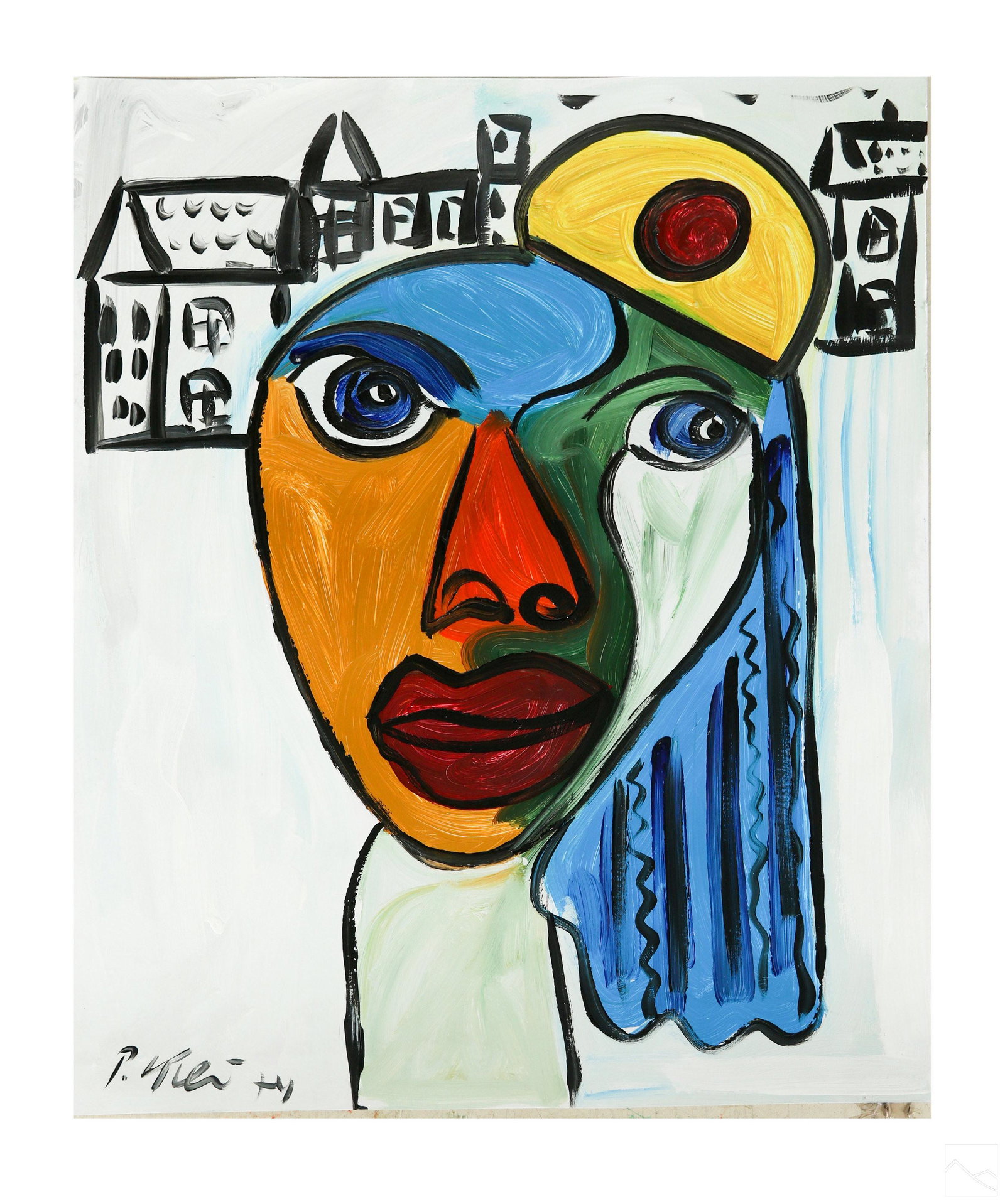 Peter Keil b.1942 Get Gritty In The City Painting: Peter Robert Keil (German, born 1942). An original Neo Expressionism abstract portrait painting on paper. Titled "Get Gritty In The City". Work features Picasso inspired face with structures in backgr