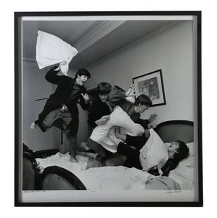 Harry Benson b.1929 Beatles Pillow Fight '64 Photo: Harry Benson (Scottish, Born 1929). A large scale archival pigment black and white photograph. Titled; "Beatles Pillow Fight, George V Hotel, Paris 1964". Artist hand signed in black ink to lower