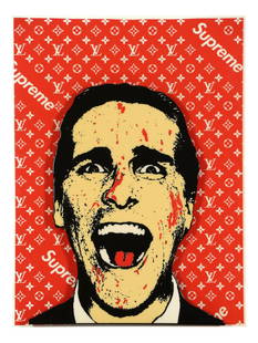 American Psycho Designer 3D Pop Art Wall Sculpture: 21st Century Contemporary Mixed Media 3D Pop Art Wall Sculpture. Feature a portrait of the actor Christian Bale from the Horror Film "American Psycho", having designer style LV red logo in