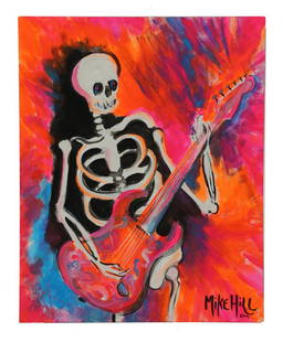 Michael Hill b.1974 Neon Skeleton Rocker Painting: Michael T. Hill (American, Born 1974) Original neon acrylic painting on paper. Featuring a skeleton playing an electric guitar. The surface of the artwork is UV black light reactive. Signed and dated