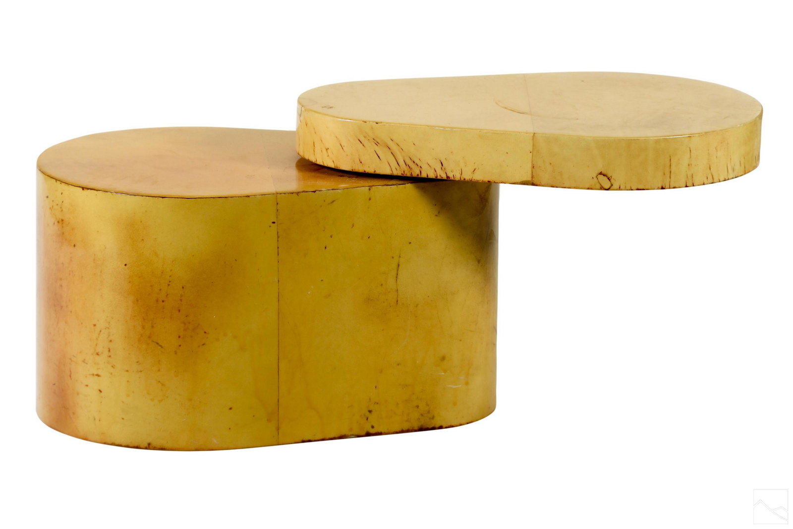Enrique Garcel Modern Goat Skin Swivel Side Table: A Mid Century Modern Colombian wood side table with vanished goat skin finish. Oblong form with articulated swivel top. Stamped to underside MADE IN COLOMBIA, with affixed 1986 Spanish language Colomb