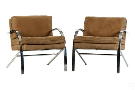 Paul Tuttle Mid Century Modern Arco Lounge Chairs: A pair of Paul Tuttle Arco lounge chairs, designed circa 1970 for Strassle Switzerland. Constructed with chrome flat bar frame and gray suede upholstery in a striking visual contrast. Overall dimensio