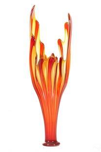 Monumental Richard Royal Signed Art Glass Vase 43": A monumental studio art glass vase by Richard Royal. A freeform handkerchief flame design with alternating streaks of red and yellow. Artist signature on base and dated 2004.Dimensions: 43 X 12 X 12 i