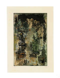 Ynez Johnston 1920-2019 Abstract LE Etching SIGNED: Frances Ynez Johnston (American, 1920-2019). A limited edition etching and aquatint printed in colors. Titled, "Inhabited World," an abstract work with geometric shapes and other forms. Numbered 67