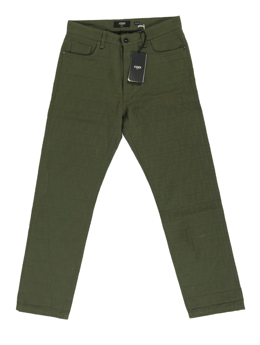 Fendi Designer Green Jacquard Jeans Trousers Sz 34: A pair of Fendi designer cotton jean pants. Features FF jacquard motif. Retaining all original labels and tags, with $1,000.00 price. Size 34. Measures approximately 43" long, 34" waist, with 16" hem.