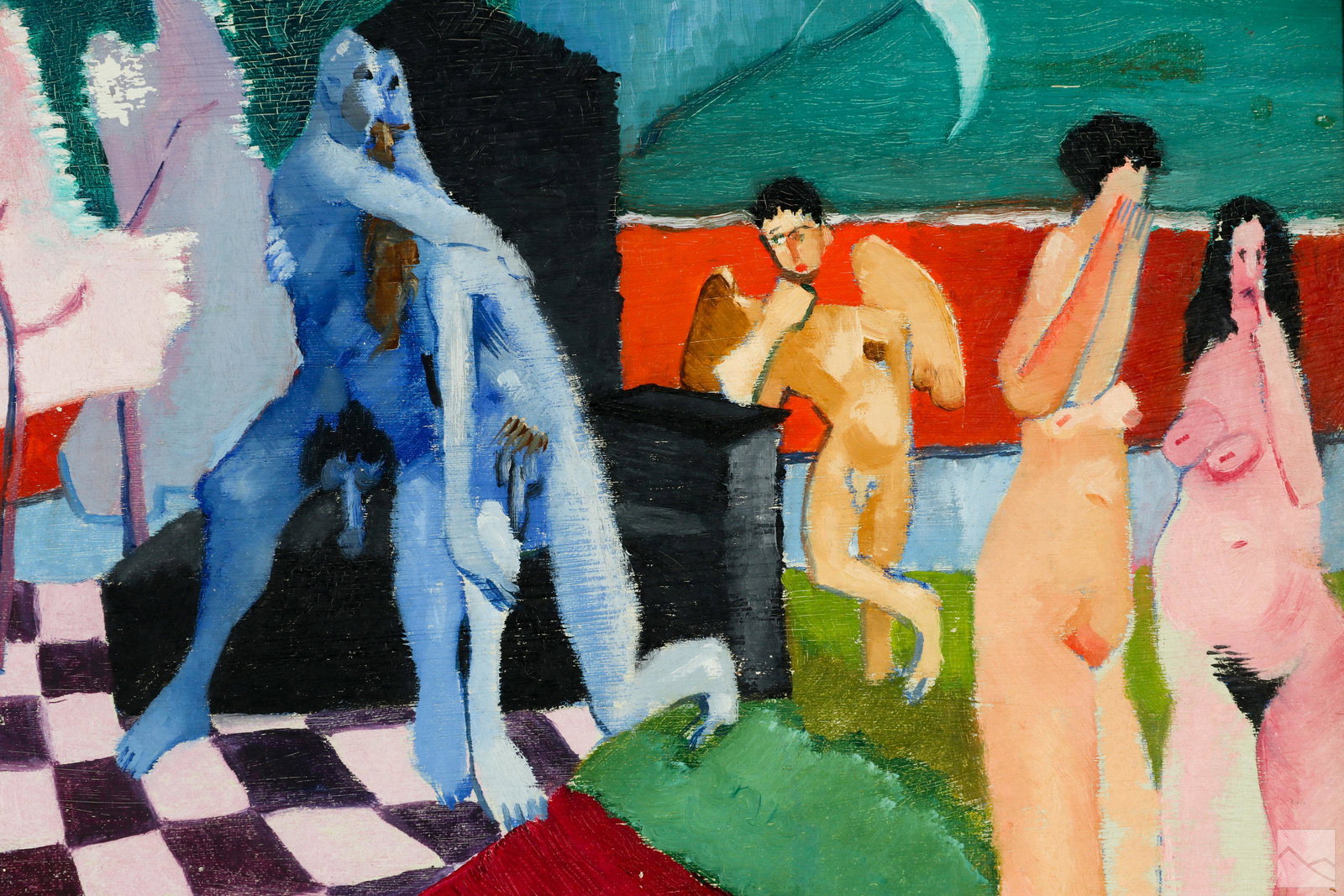Anthony Triano 1928-1997 Erotic Nudes Oil Painting: Anthony Thomas Triano (American 1928-1997). An original oil painting on board. A figural erotic work depicting nude lovers on a colorful background. Artist signature upper right. Presented with a card