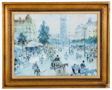 Henri Grenier 1882-1940 Paris Landscape Painting: Henri Grenier (French, 1882-1940). An original watercolor painting on paper. A Paris city landscape painted in an Impressionist style depicting the Rue Saint-Jacques, Paris, the oldest street in Paris