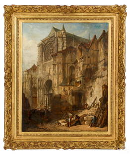 John Gendall 1790-1865 English Cathedral Painting: John Gendall (English, 1790-1865). An original oil painting on canvas. Titled "Exeter Cathedral," an early English Victorian architectural landscape depicting the Cathedral Church of Saint Peter (Exet