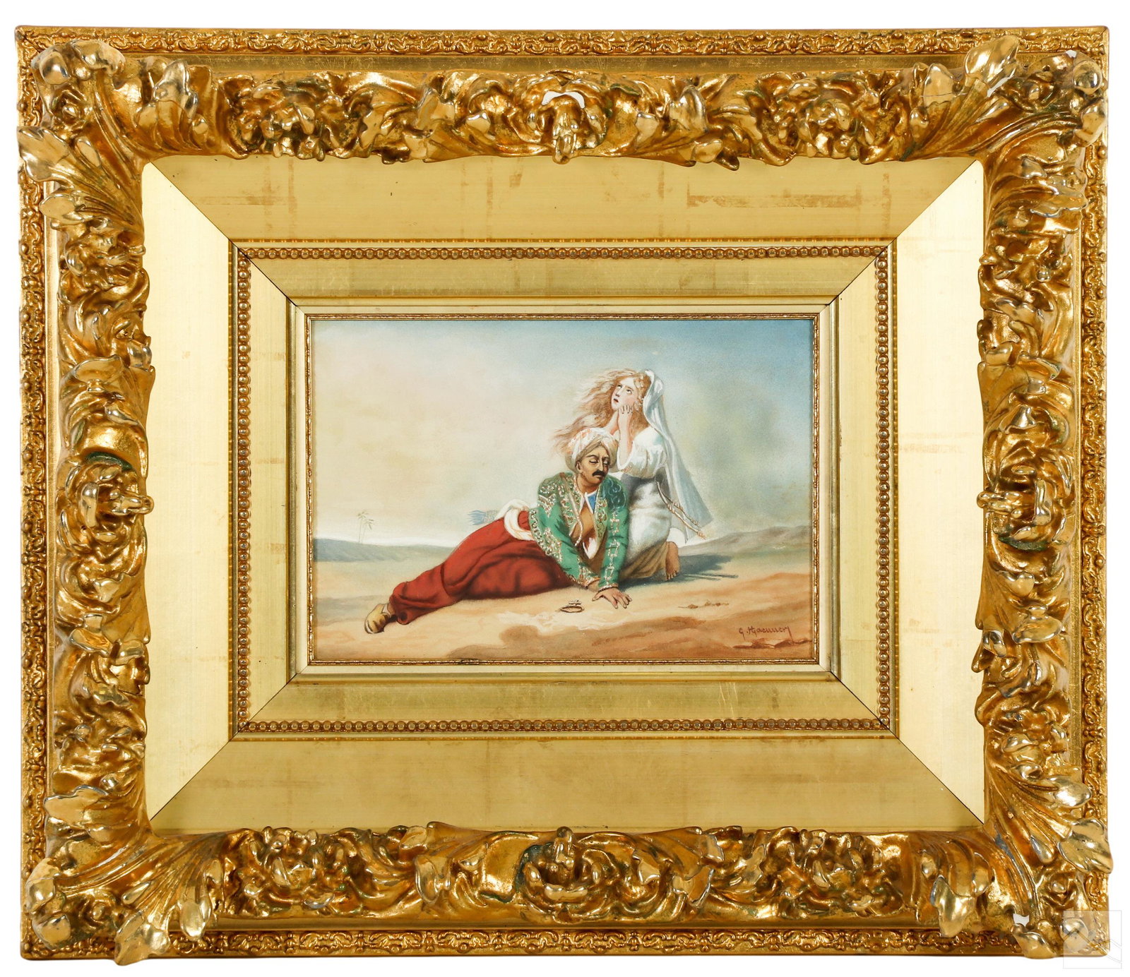 Orientalist Figural Lovers Desert Gouache Painting (1 of 5)