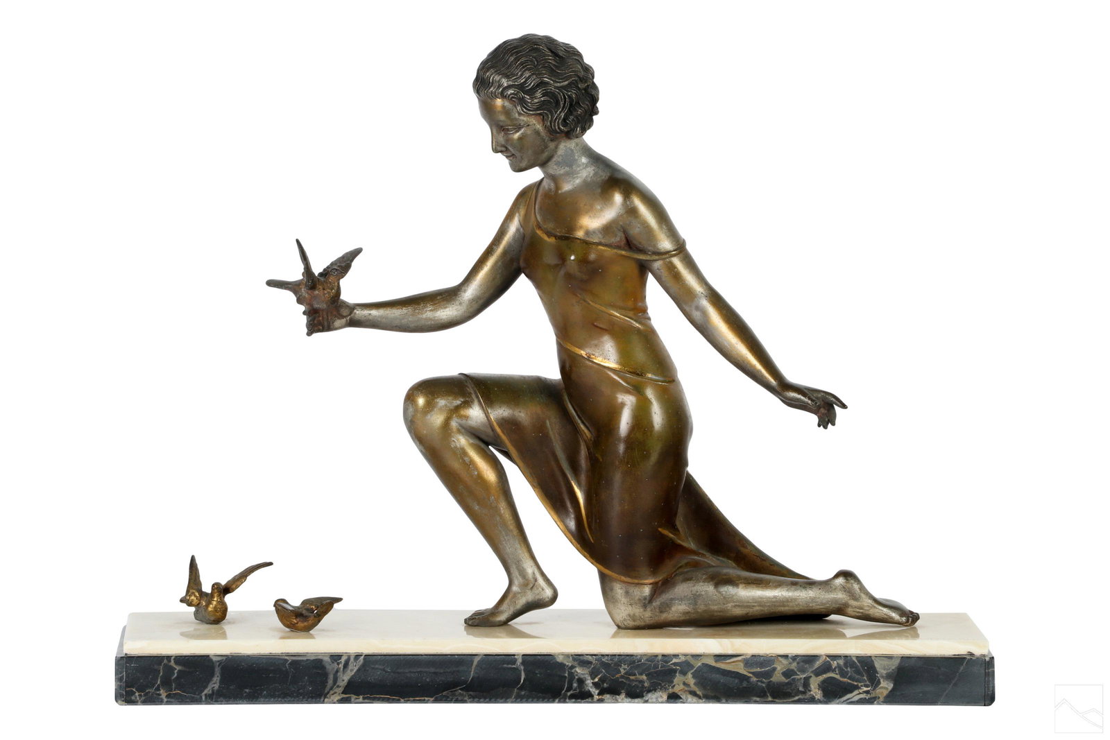 Bronze Art Deco Figural Lady and Dove Birds Statue (1 of 6)