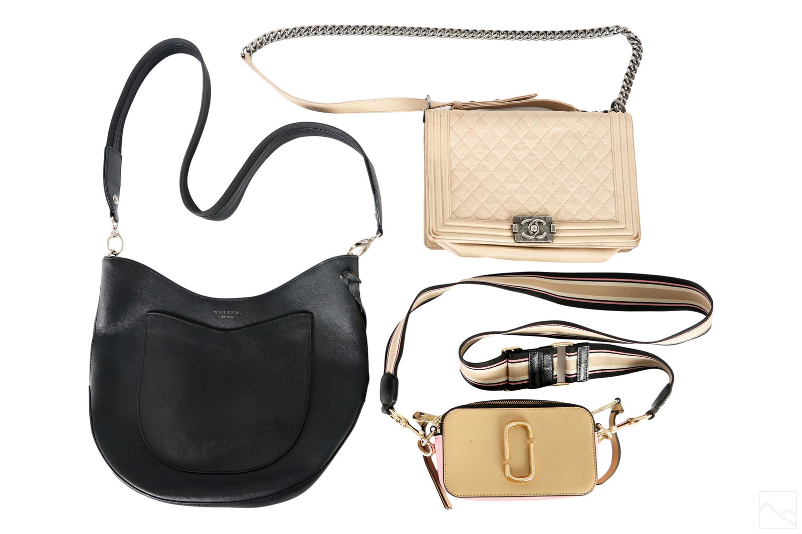 Chanel Marc Jacobs Henri Bendel Designer Purse LOT: An estate collection with three (3) vintage designer ladies handbag purses. Includes: one (1) Chanel Paris ladies tan leather bag with tufted diamond design to front, and gunmetal CC locking mechanism