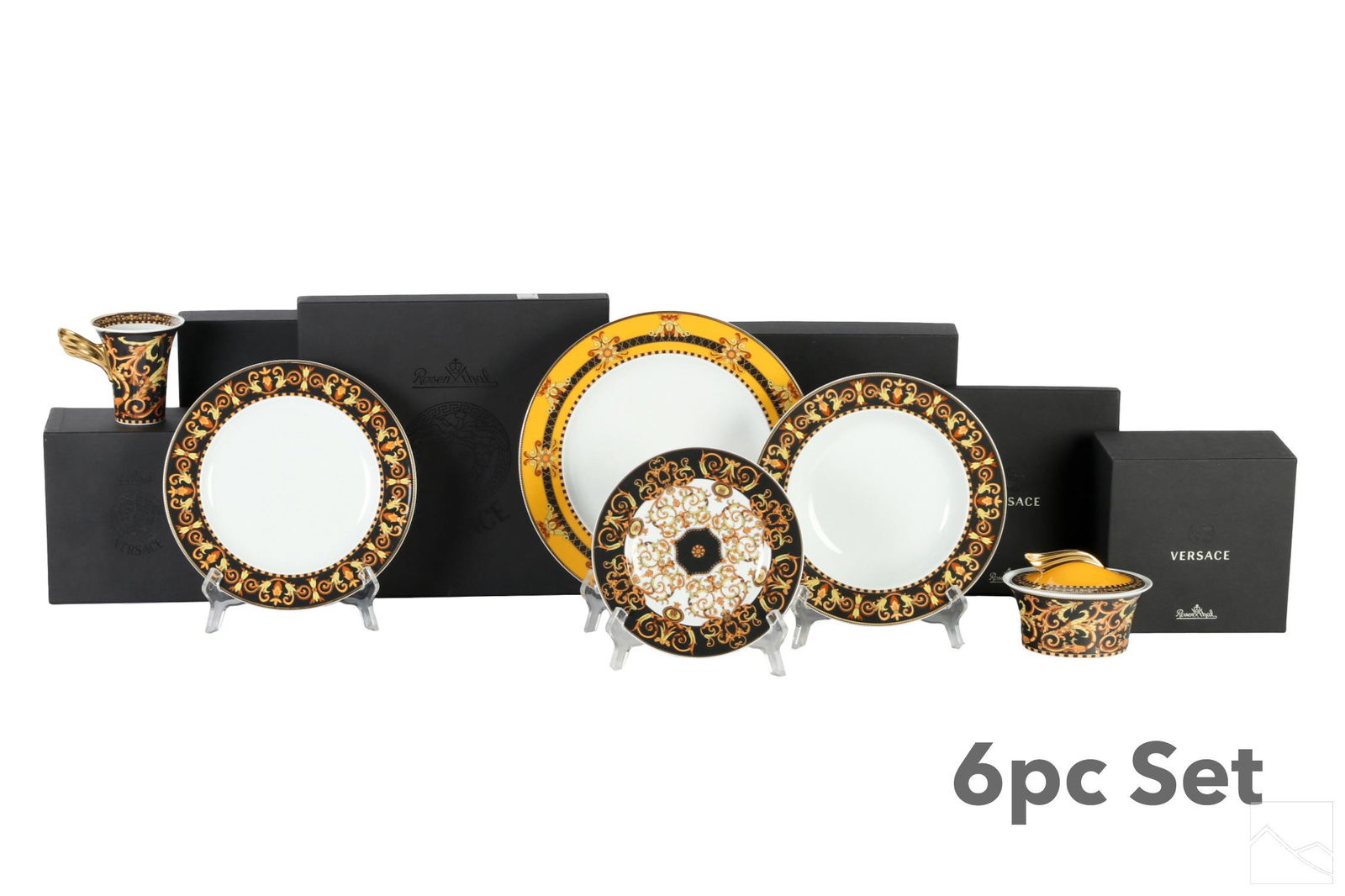 Rosenthal Versace Porcelain Barocco Service SET: A set of six (6) pieces of Rosenthal German porcelain dinner service for Versace, in the Vanity pattern. Includes: one (1) dinner plate; one (1) salad plate; one (1) rimmed soup bowl; one (1) bread an