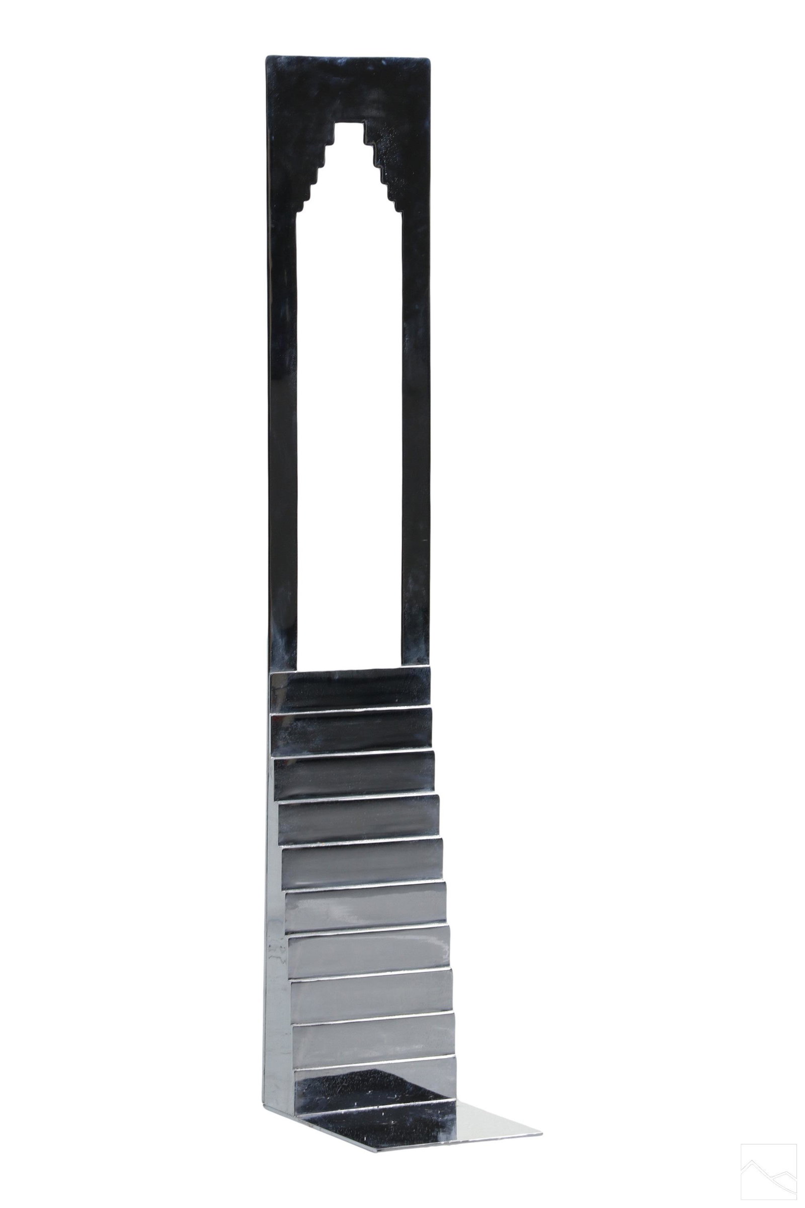 Modern Industrial Monumental Steel Arch Sculpture: Mystery Artist (20th Century). A monumental steel sculpture. A striking Modernist industrial work in chrome over steel produced in a Deco Moderne style evoking a bracket or under-book bookend design. 