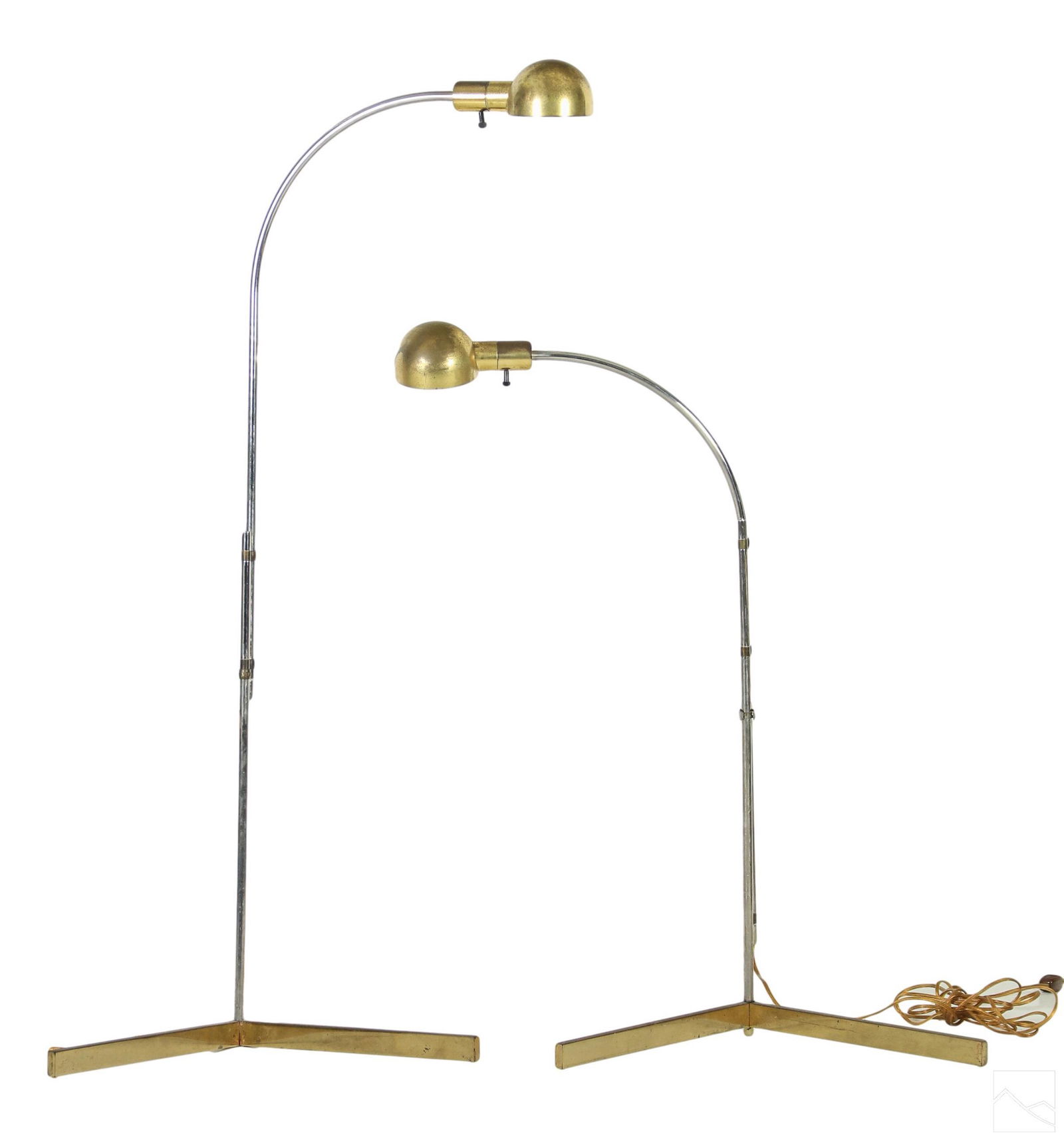 Modernist 20C Floor Lamps Manner of Cedric Hartman: A pair of Mid 20th Century Modern arched floor lamps. Features mixed metals adjustable articulating engineered designs. No apparent manufactures mark, therefore, being sold in the manner of Cedric Har