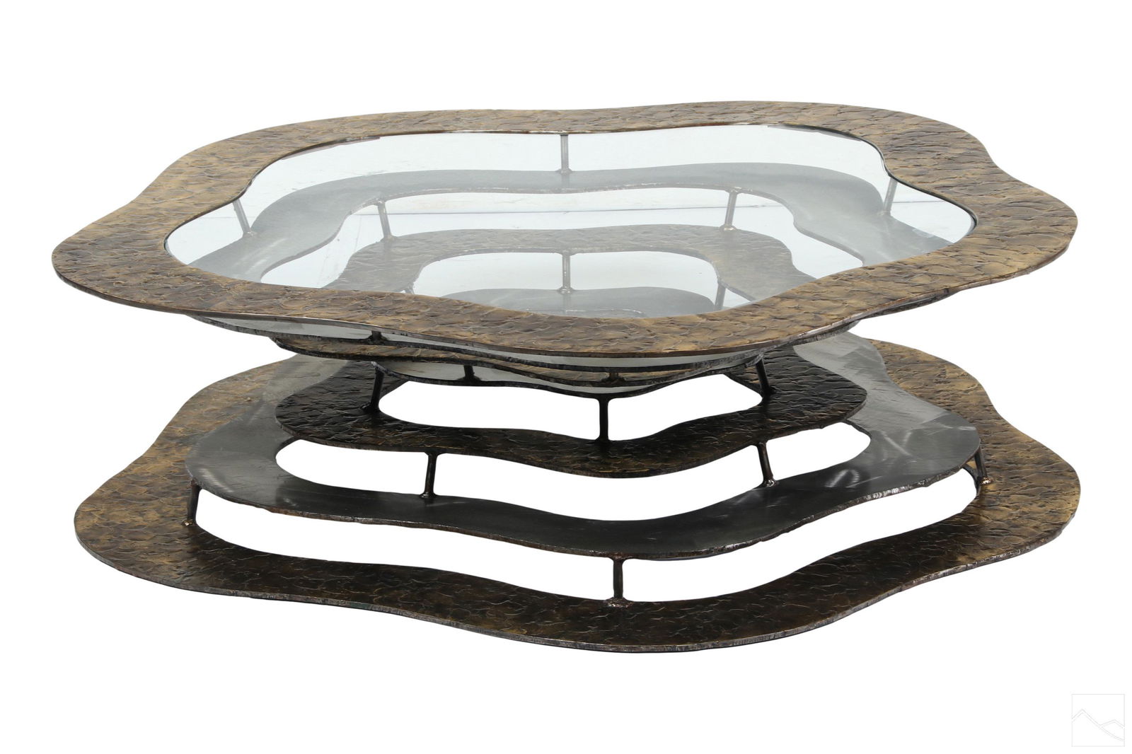 Silas Seandel b.1937 Modernist Metal Volcano Table: Silas Seandel (American, born 1937). An artisan handmade mixed metals Volcano table. Acid and heat treated bronze and brushed steel. Brutalist mid century modern volcano form design welded in seven la