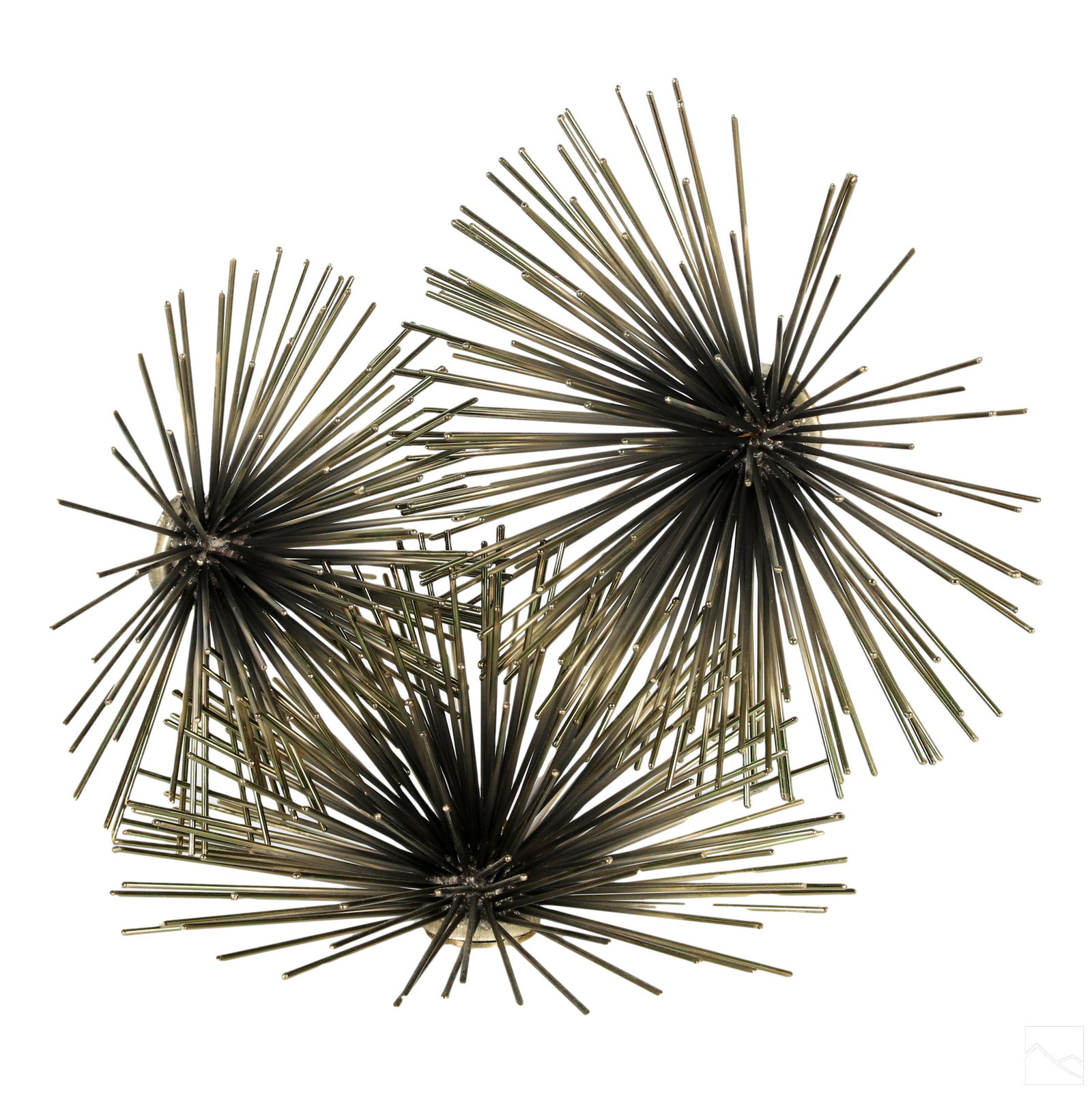 Bertoia Style Modern Sea Urchin Art Sculptures SET: A set of three (3) mixed metals sea urchin statues. Modernist designs with demilune form metal bases and a profusion of radiating metal rods in a modern marine wildlife motif produced in the manner of