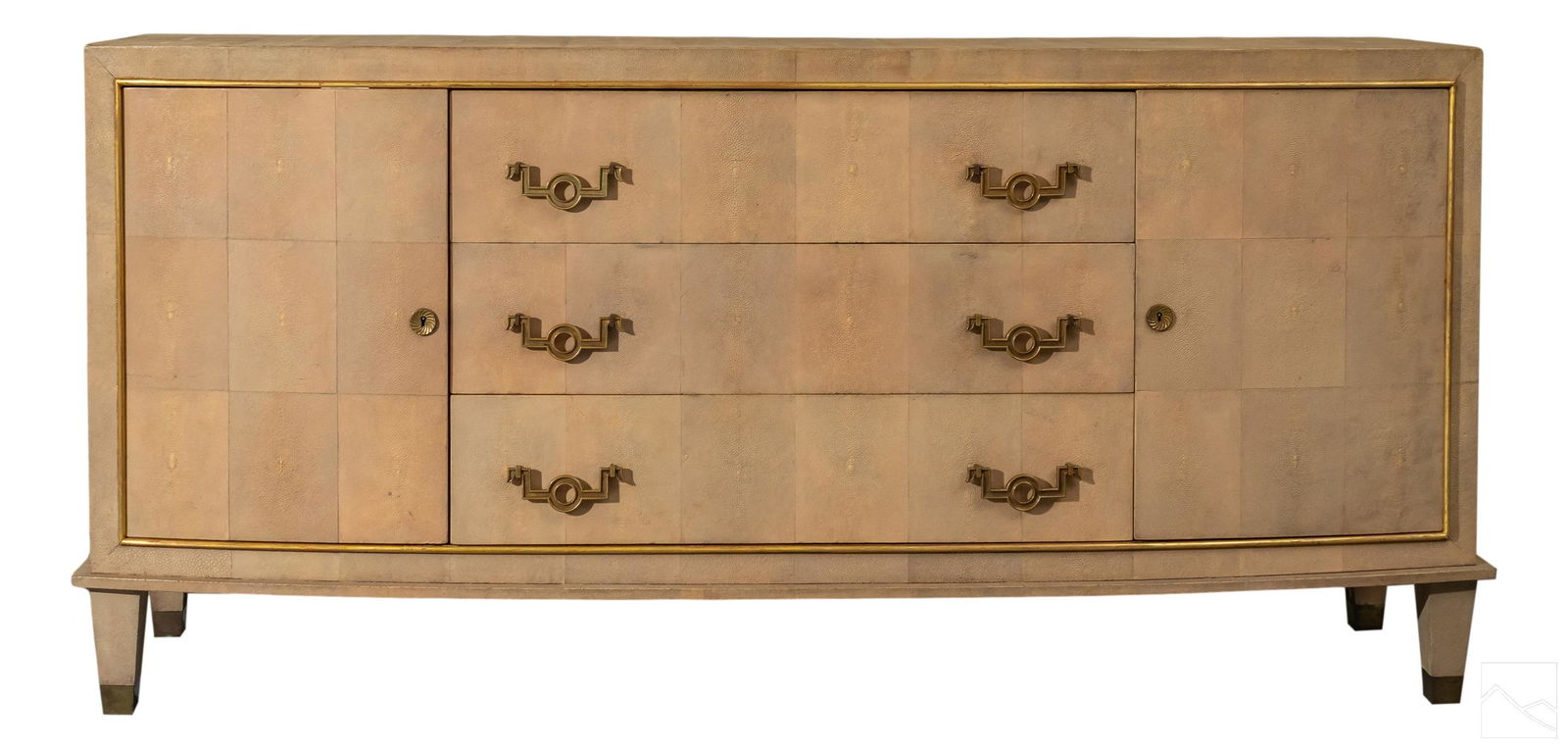 Art Deco Oak Credenza attributed to Jacques Adnet: An exemplary French Art Deco modernist sideboard credenza cabinet, designed by Jacques Adnet (1901-1984). Shagreen veneer on oak frame with gilt wood and bronze hardware. Gently curved front with thre