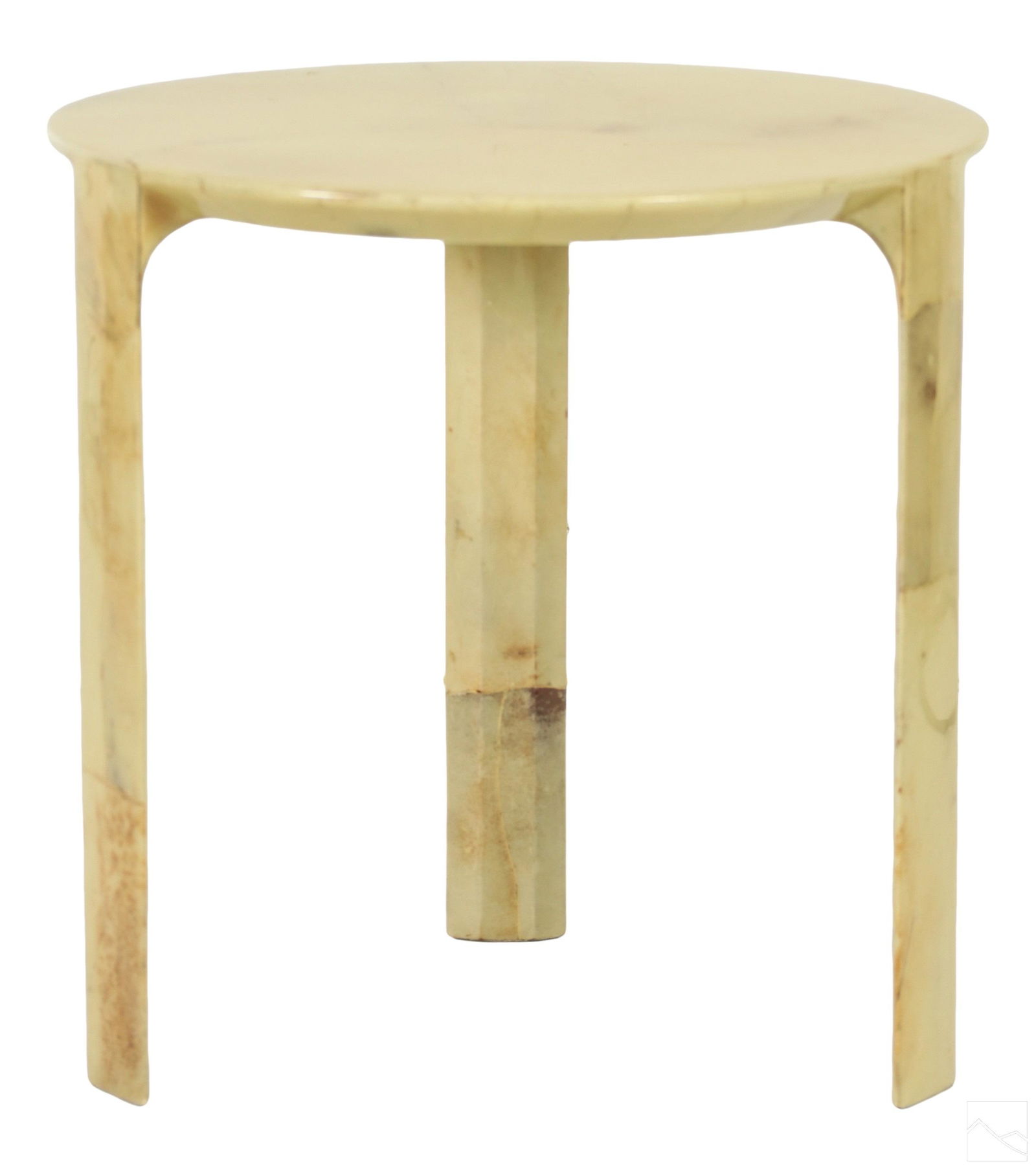 Enrique Garcel 20C. Goatskin Occasional Side Table: A Mid Century Modern Enrique Garcel occasional side table. Round tripodal three legged body with lacquered natural beige goatskin. Tagged on bottom Control de Calidad O.P. No. 60614 P.O. NO QV7. Stamp