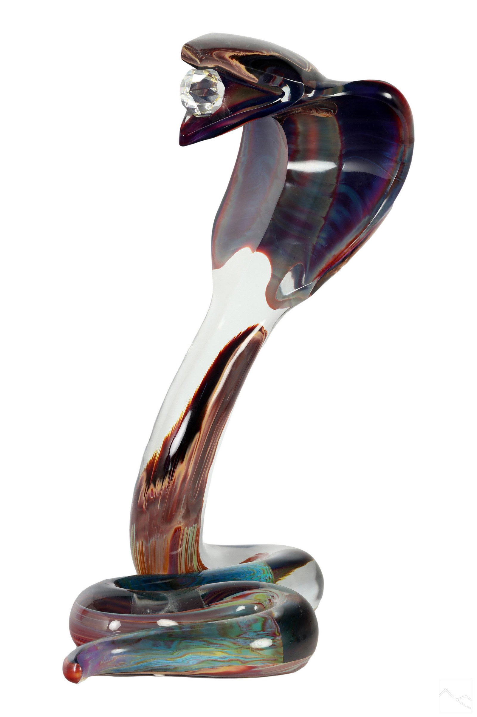 Murano Dino Rosin Art Glass King Cobra Sculpture: A Murano Venetian studio art glass statue by Dino Rosin (born 1948). An exemplary abstract work modeled as a striking king cobra snake. Produced in a coiled form Mottled lavender purple, blue, clear, 