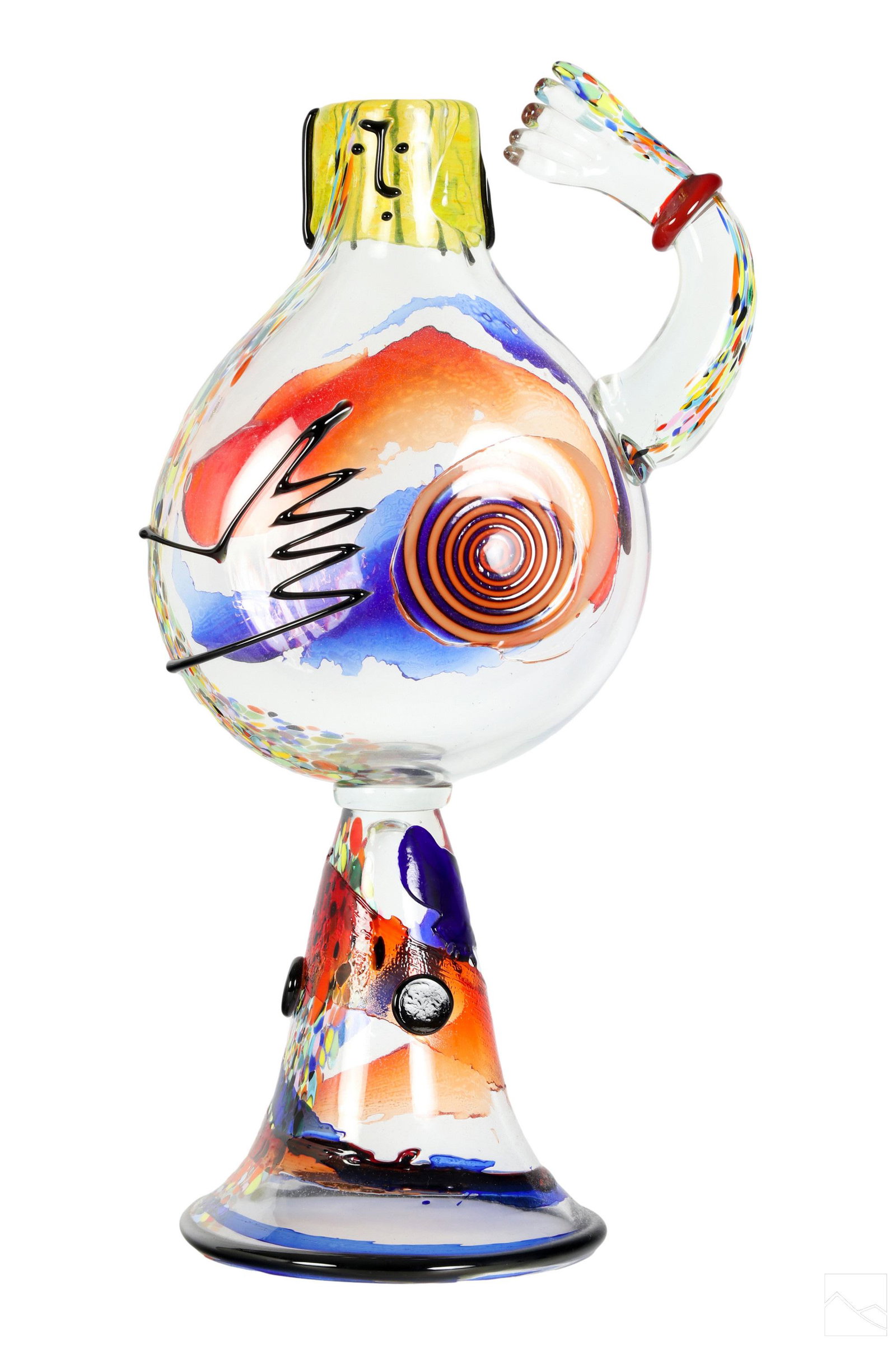 Murano Mario Badioli Picasso Art Glass Sculpture: A Murano Venetian studio art glass sculptural vessel by Mario Badioli (born 1940). Titled, "Hommage A Picasso" ("Homage to Picasso") a monumental vessel produced in an abstract handled moon flask desi