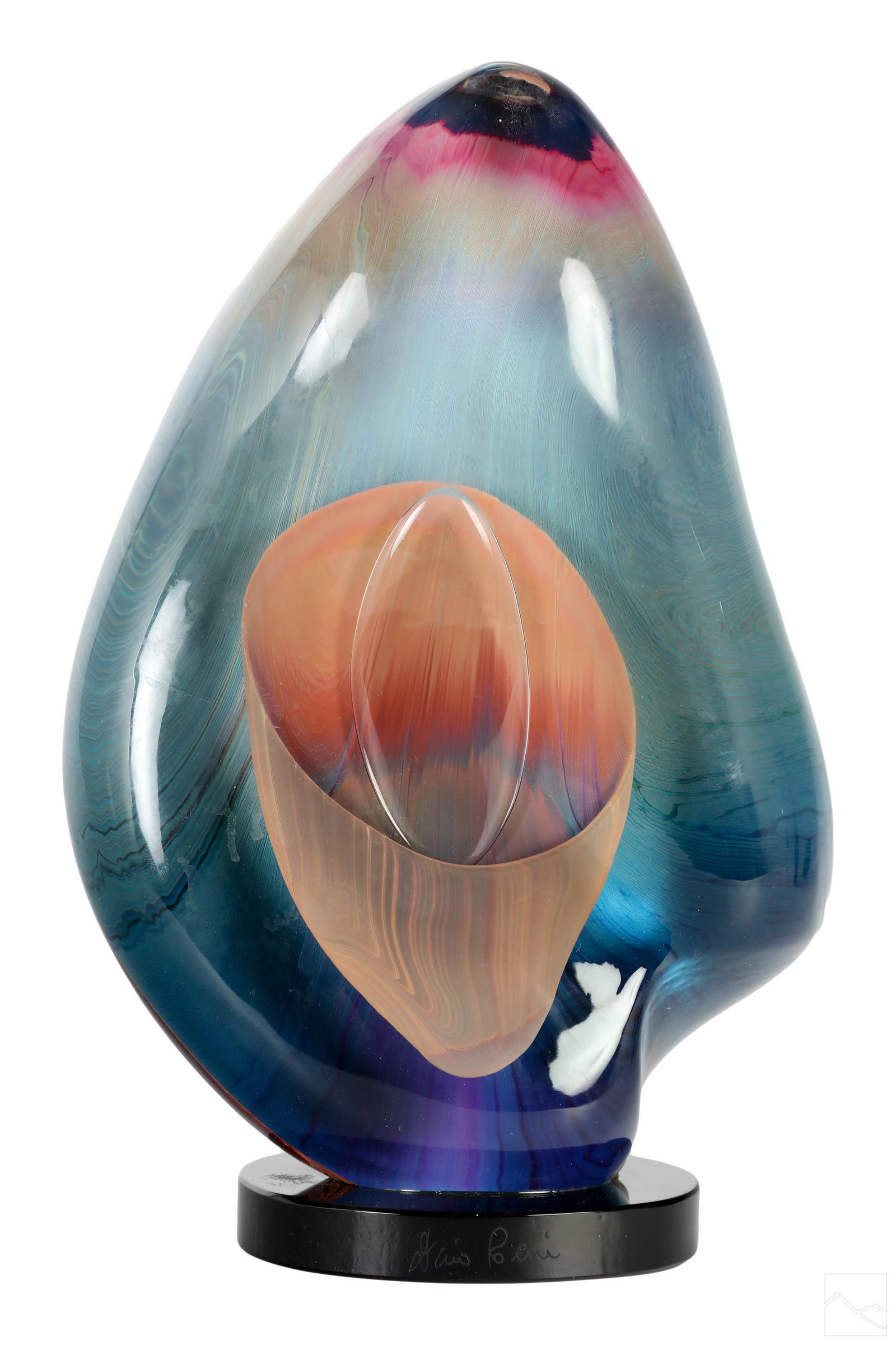 Murano Dino Rosin Modern Sommerso Art Glass Statue: A Murano Venetian studio art glass sculpture by Dino Rosin (born 1948). A striking abstract work produced with an oblong teardrop form body. Clear glass front side with a compelling sommerso (submerge