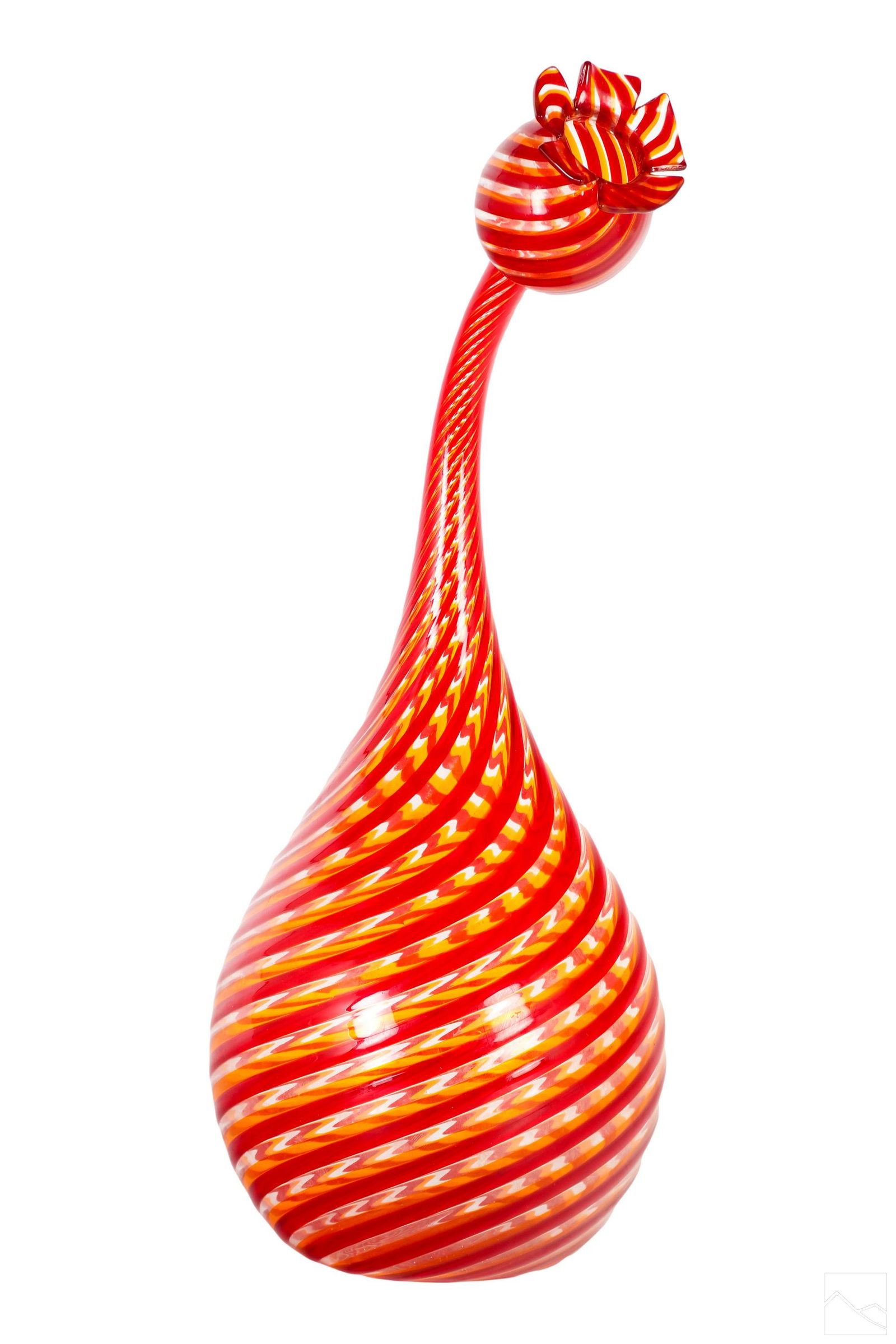 Murano Orlando Zennaro Art Glass Vase Sculpture: A Murano Venetian studio art glass vessel by Orlando Zennaro (born 1932). A striking abstract work produced in red glass with a bulbous body tapering upwards to a poppy form top, and clear, orange, an
