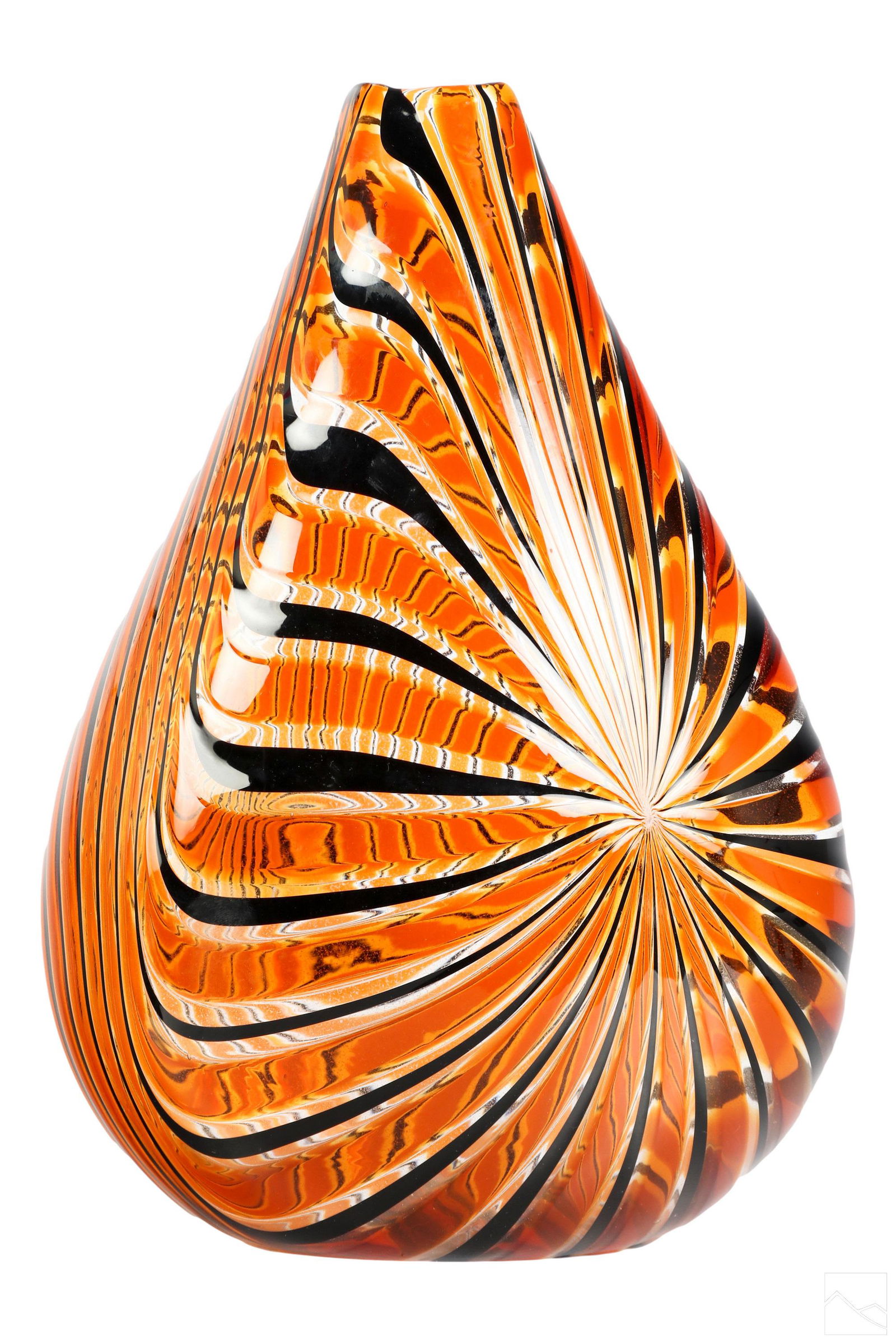 Murano Orlando Zennaro 20C Venetian Art Glass Vase: A Murano Italian studio art glass vase by Orlando Zennaro (born 1932). Teardrop shape body with striking geometric designs in russet orange and black. Artist signature to underside O ZENNARO. Dimensio