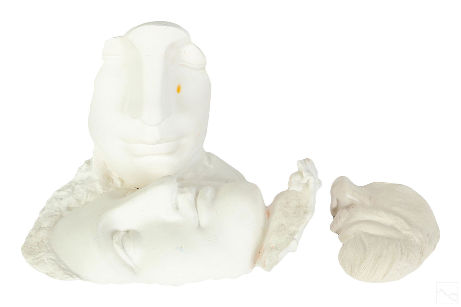 Mirella M Belshe b.1928 Apollo & Artemis Sculpture: Mirella Monti Belshe (Italian, born 1928). A cast plaster statue. Titled, "Apollo and Artemis." A Modernist work produced with a Neoclassical motif of ruined Parian marble style face busts. Artist gra