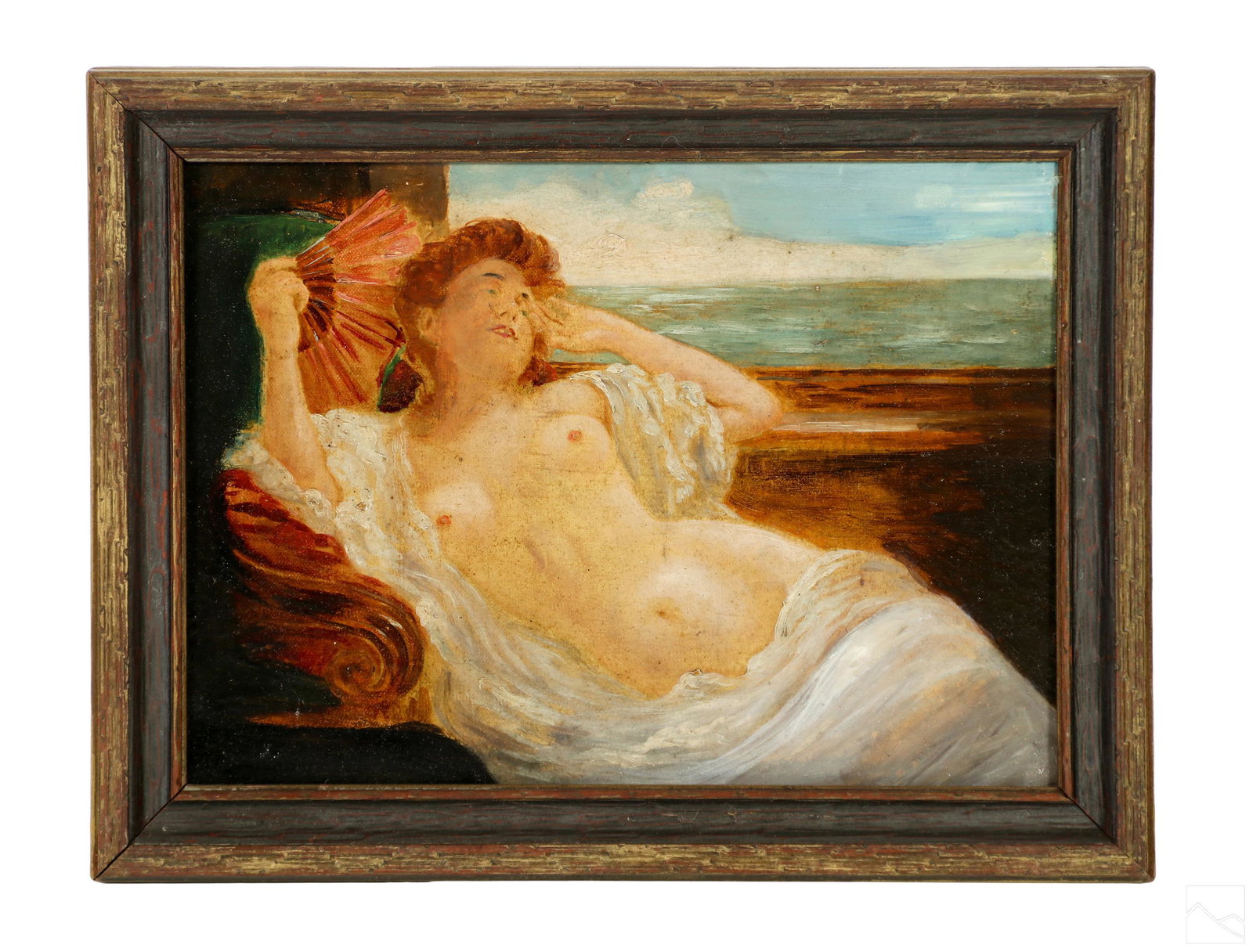 19C. Antique Victorian Figural Nude Oil Painting: Mystery Artist (19th Century). An antique oil painting on canvas. A nude figural work depicting a recumbent female figure with auburn haired, holding a coral colored fan. No apparent signature. Presen