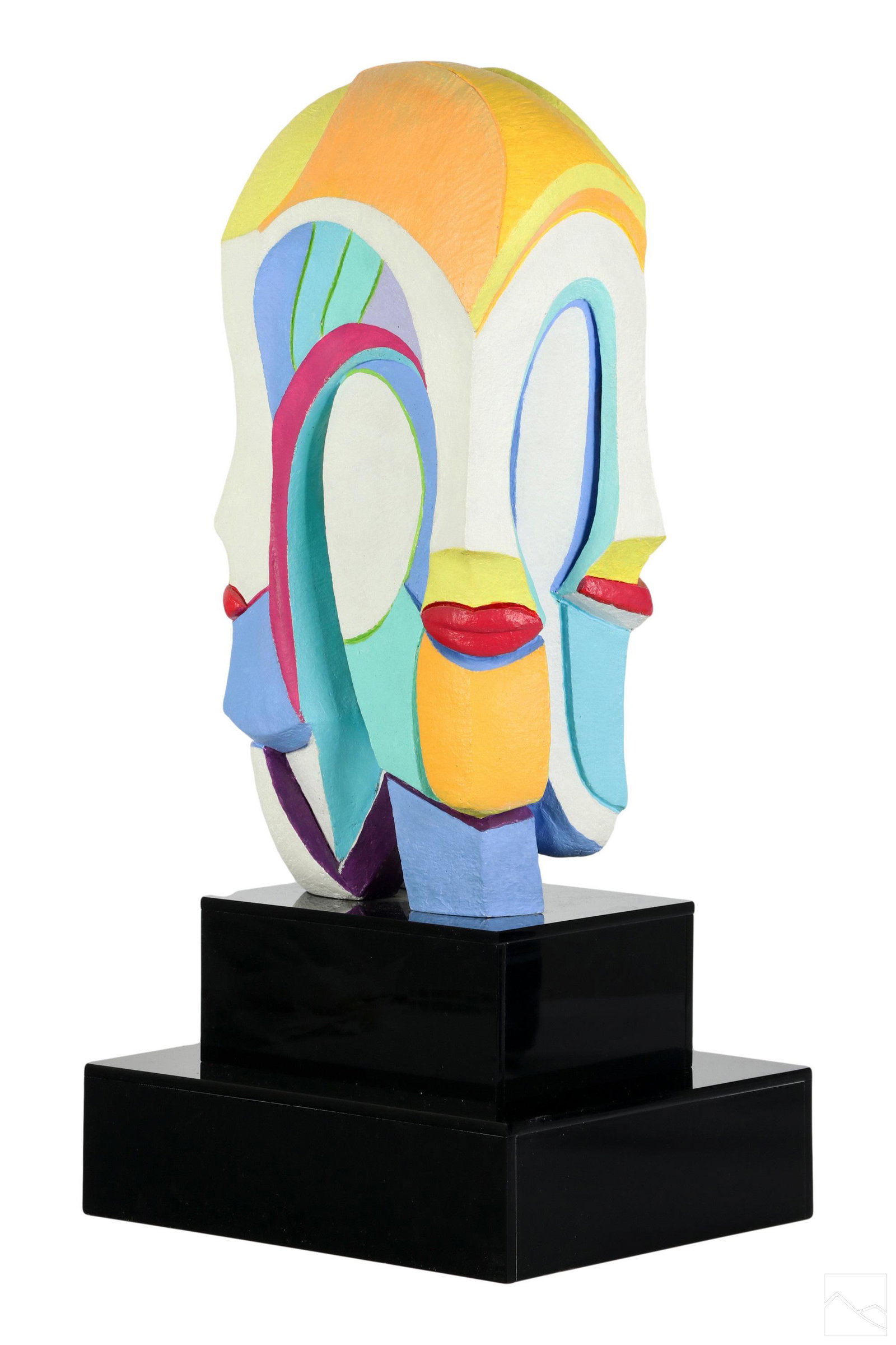 Helen Finch 1924-2009 Modern Figural Cubism Statue: Helen Finch (American, 1924-2009). A mixed media plaster sculpture. A Modernist figural work produced in the artist's Cubist style depicting a group of outward facing abstract faces with highly exagge