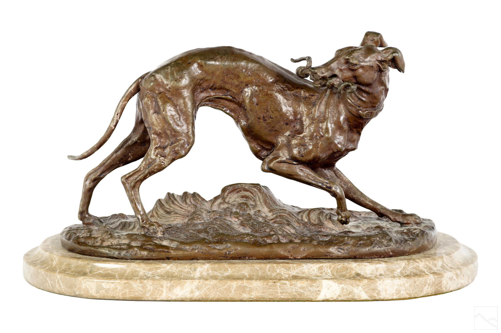 Pierre Jules Mene 1810-1879 Bronze Dog Sculpture: Pierre Jules Mene (French, 1810-1879). An antique 19th Century art deco style bronze statue. A figural work depicting a Whippet dog in motion holding an object in its mouth, and modeled as if listenin