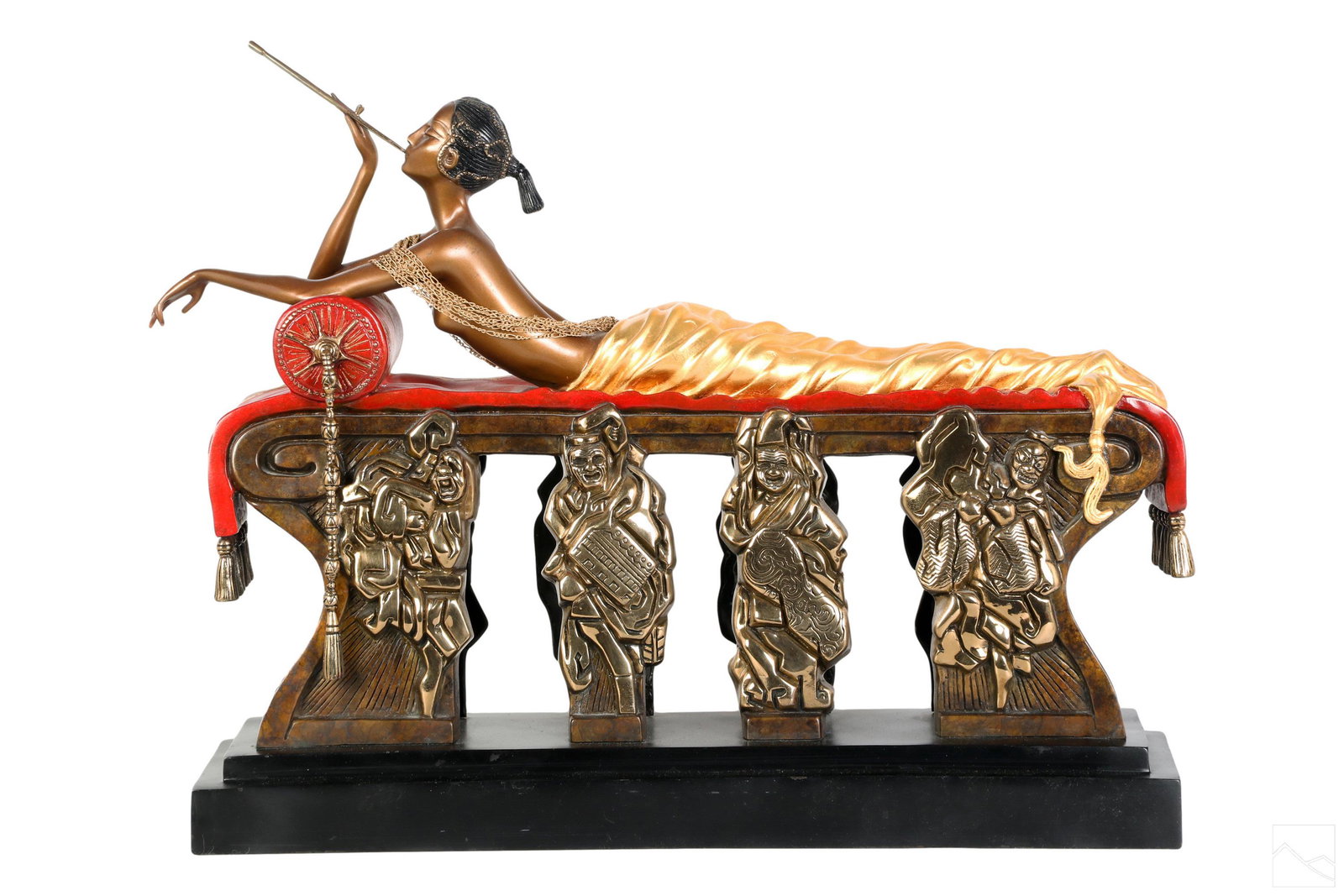 Erte 1892-1990 DAYDREAMS Bronze Art Deco Sculpture: Romain de Tirtoff (Erte) (Russian French, 1892-1990). A limited edition bronze Art Deco style figural sculpture titled, "Daydreams." A reclining female subject on an exquisitely detailed divan sofa. C