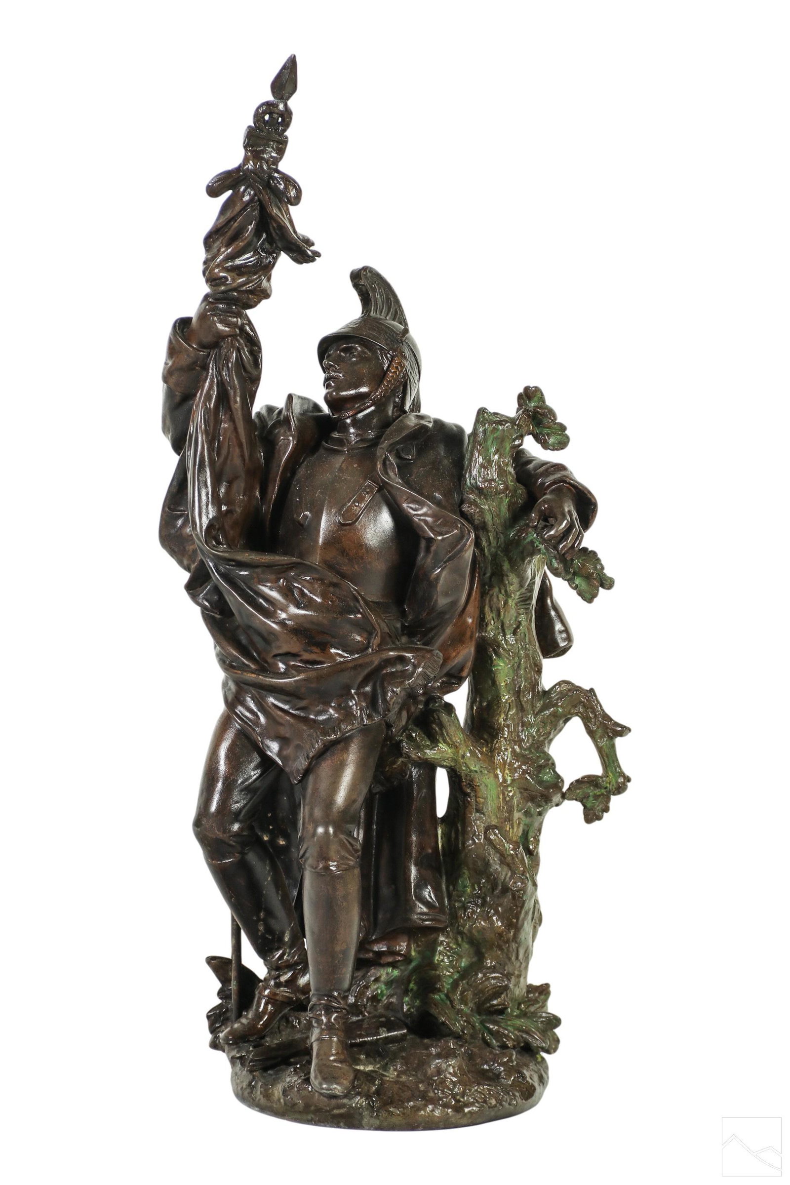 Bronzed Metal Soldier Sculpture after H.F. Moreau: An antique French patinated bronzed metal statue signed at base "Hip. Moreau," after Hippolyte Francois Moreau (French,1832-1927). Depicting a dying French cavalry soldier with broken rifle at his fee