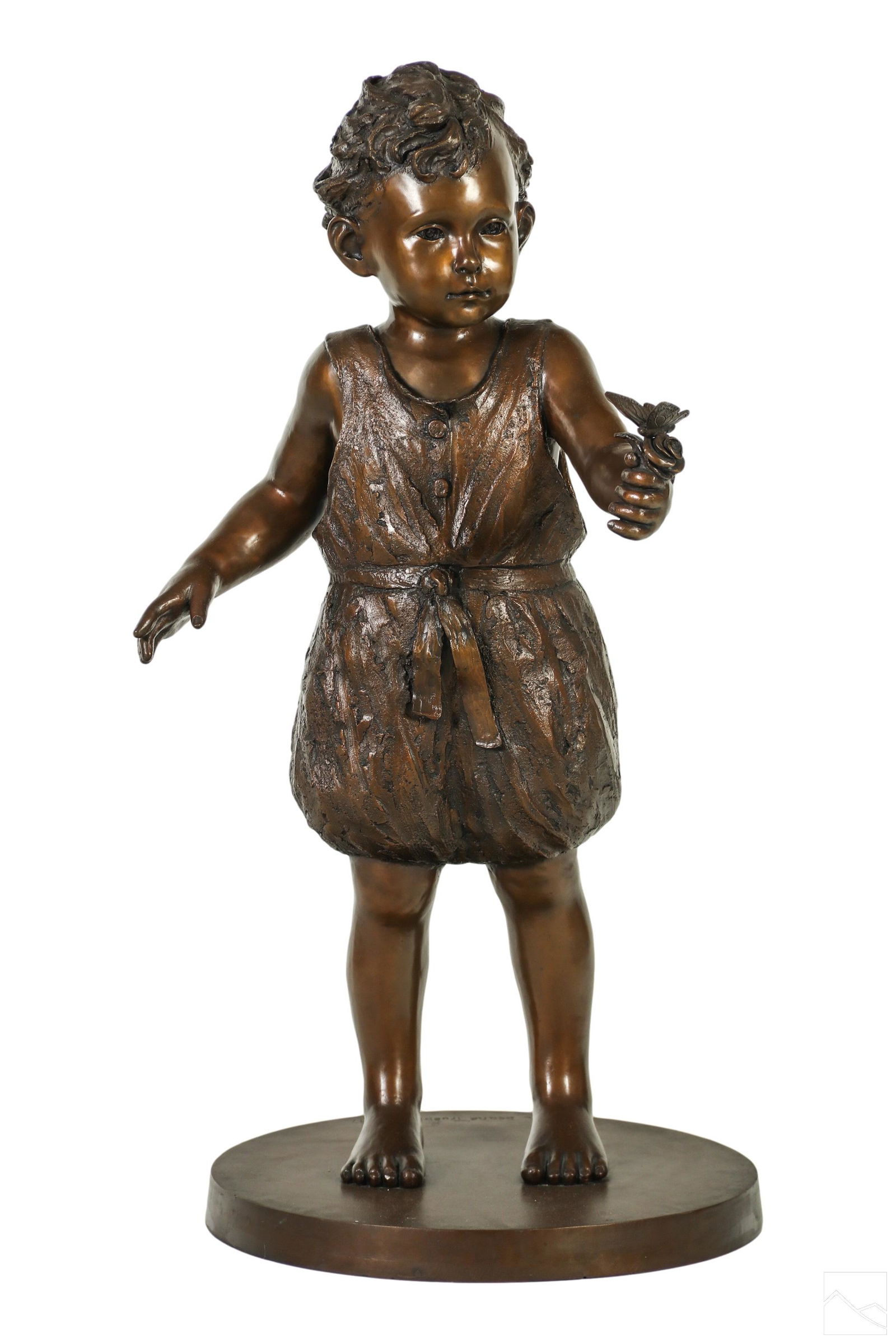 L'Deane Trueblood 20C Bronze Life Size Baby Statue: L'Deane Trueblood (American, born 1928). A limited edition bronze sculpture. A figural work depicting a child figure dressed in romper. Bronze has a golden brown finish. Signed on base L'Deane Trueblo