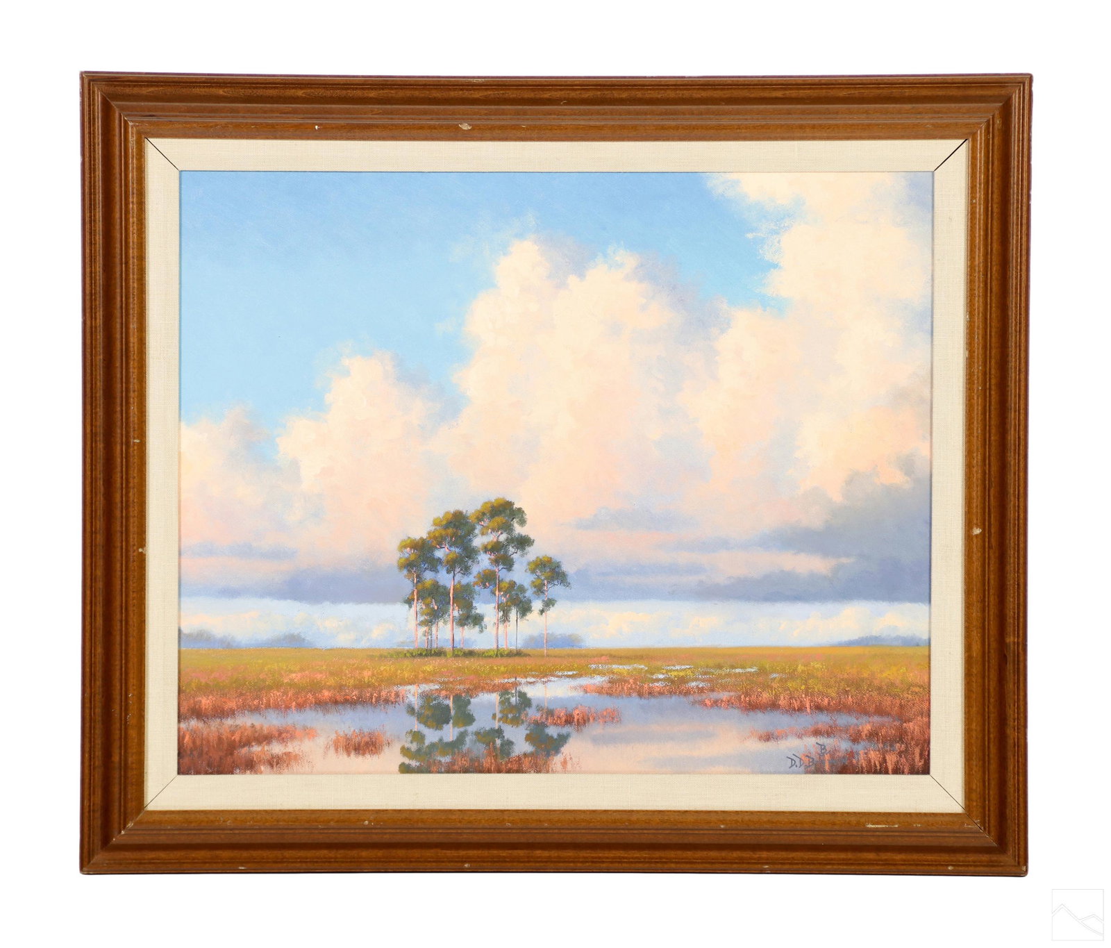 Don D. Brown b.1947 Florida Wetlands Oil Painting: Don D. Brown (American, born 1947). An original oil painting on canvas. A Florida wetlands landscape with cypress and palm trees and other natural flora under a blue, lavender, and pink sky. Painted i