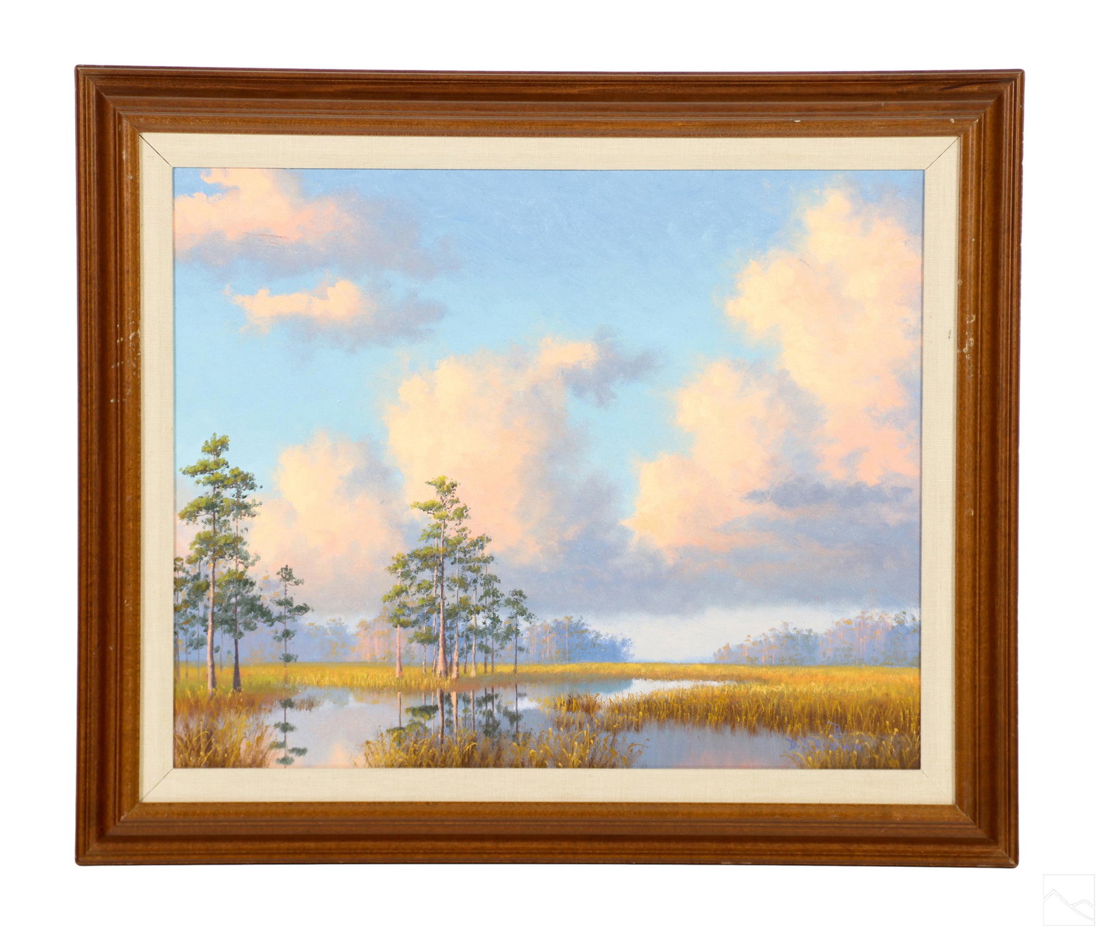 Don D. Brown b.1947 Florida Wetlands Oil Painting: Don D. Brown (American, born 1947). An original oil painting on canvas. A Florida wetlands landscape with cypress and palm trees and other natural flora under a blue, lavender, and pink sky. Painted i