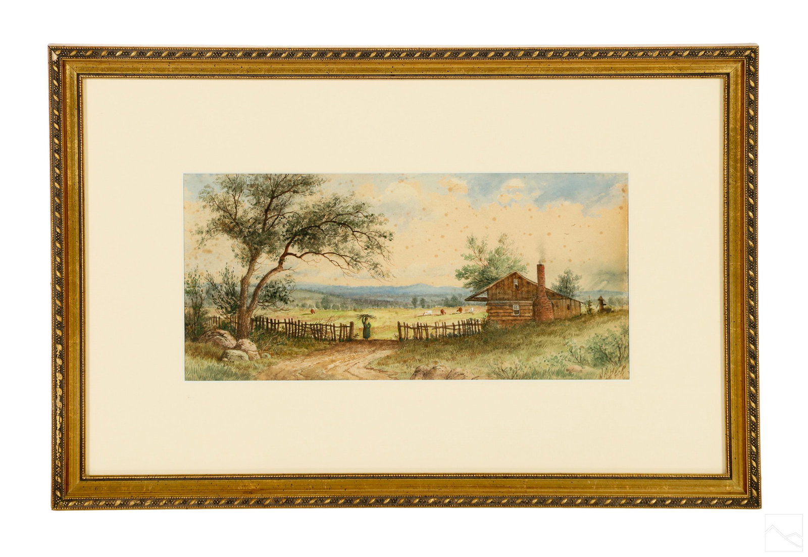 Julius Augustus Beck 1831-1915 Landscape Painting: Julius Augustus Beck (American, 1831-1915). An original watercolor painting on paper. An Italian figural rural landscape with farmhouse architectural element, rustic wood fencing. cattle, trees, rocks